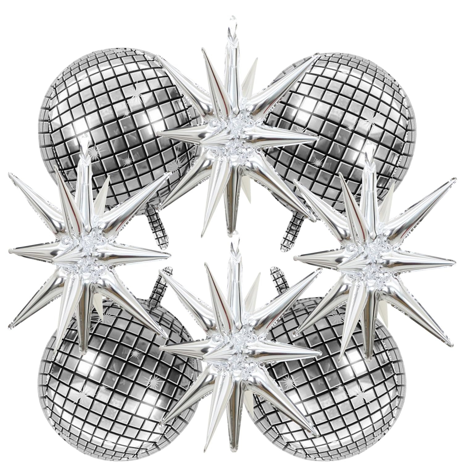 8pcs 22Inch Silver Disco Ball Balloon, 4D Large Foil Balloons with Metallic Star, Huge Silver Explosion Star Balloons for Birthday, Baby Shower, Wedding, Bachelorette Party, Disco Party Supplies.