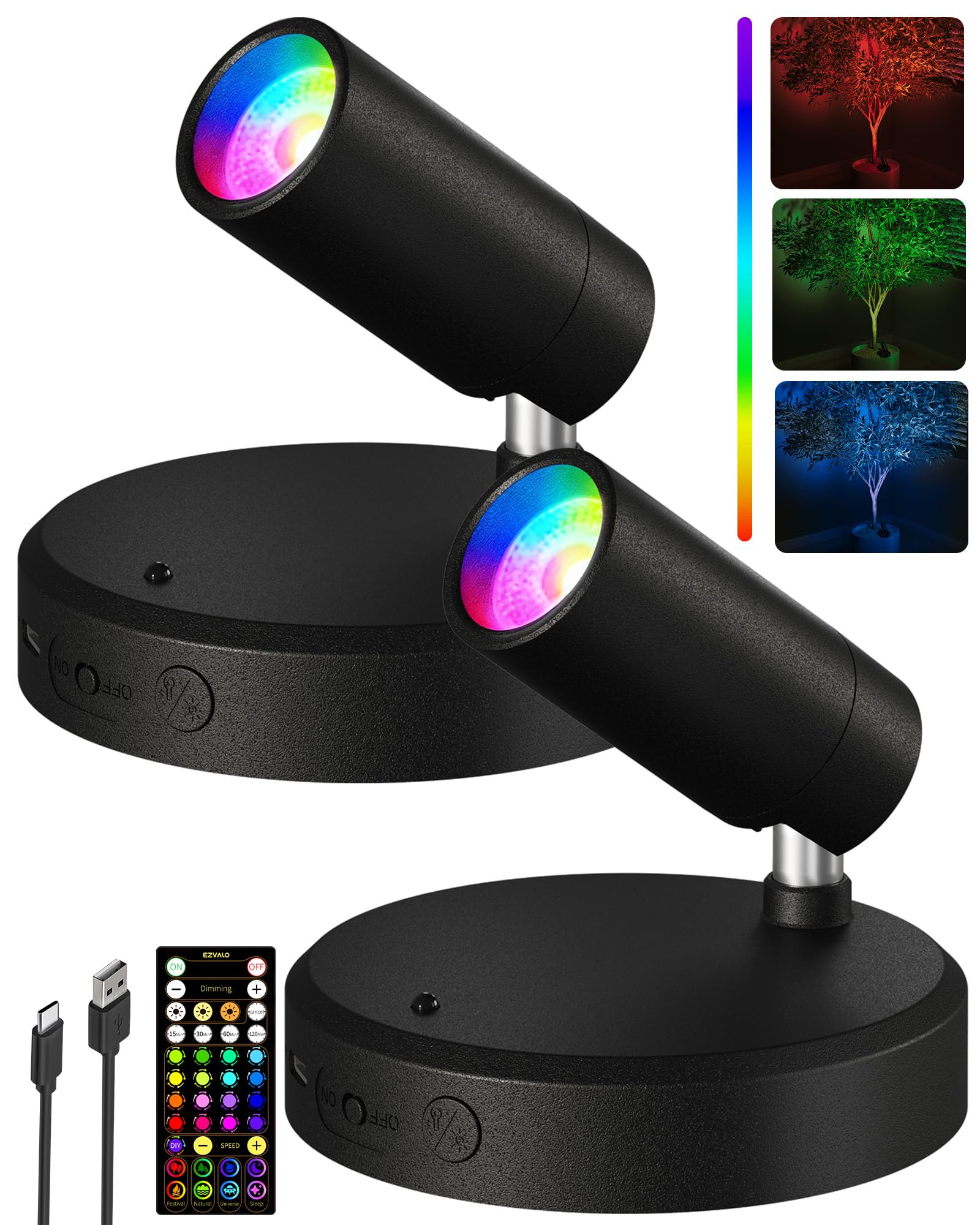 EZVALO RGB Spotlights Indoor with Remote, 5500mAh Rechargeable Picture Lights, DIY Mode & 83 Color Changing Uplighting, Wireless Mini Accent Lighting for Plant Painting, Artwork (2, Black-RGB)