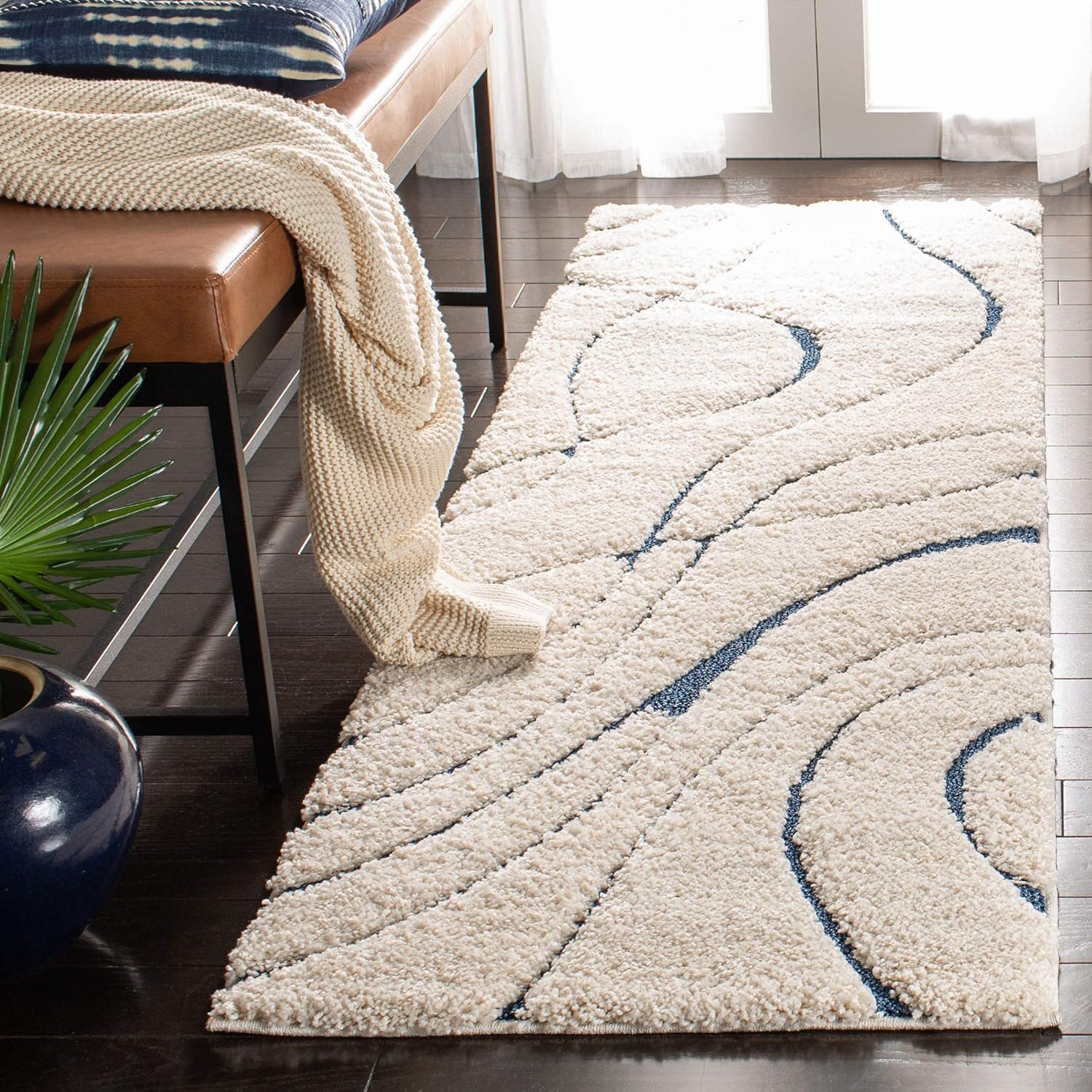 Shaggy Floor Carpets for Living Room, Elegant Bed Side Runner, Modern Carpets for Bedroom, Drawing Room,Carpets for Living Room Etc.Color-Ivory Blue H/L Size 2x3 feet-image-0