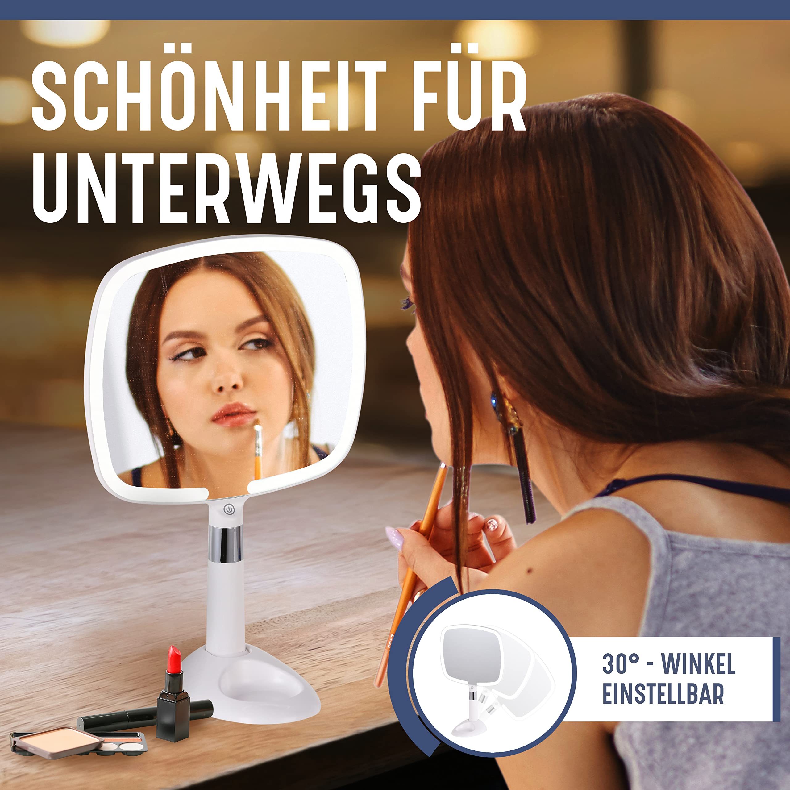 Mirrorvana® Handspiegel für Reisen - mit Beleuchtung, Komfortablem Griff, Abnehmbarem Ständer - Hand- und Tischspiegel, LED, 2-in-1