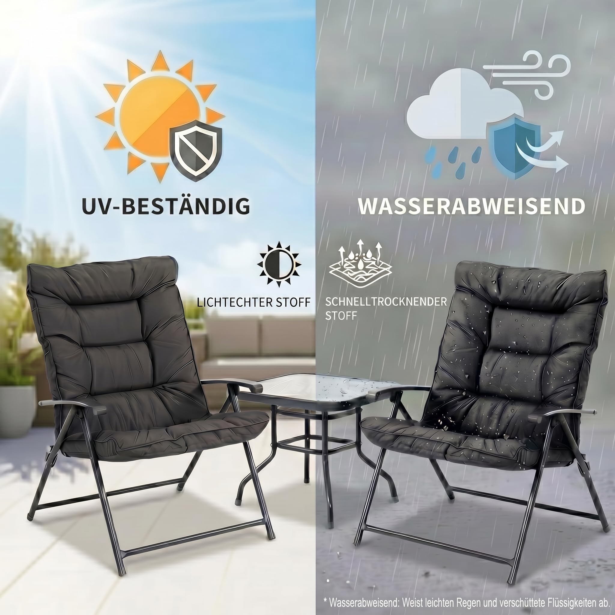 Mondeer Balkonmöbel Set 3 Teilig mit Klappstühlen und Polsterung (Schwarz) | Tisch aus gehärtetem Glas, atmungsaktiv, Klappstühle, Terrassenmöbel-Set für Balkon, Hinterhöfe, Pool