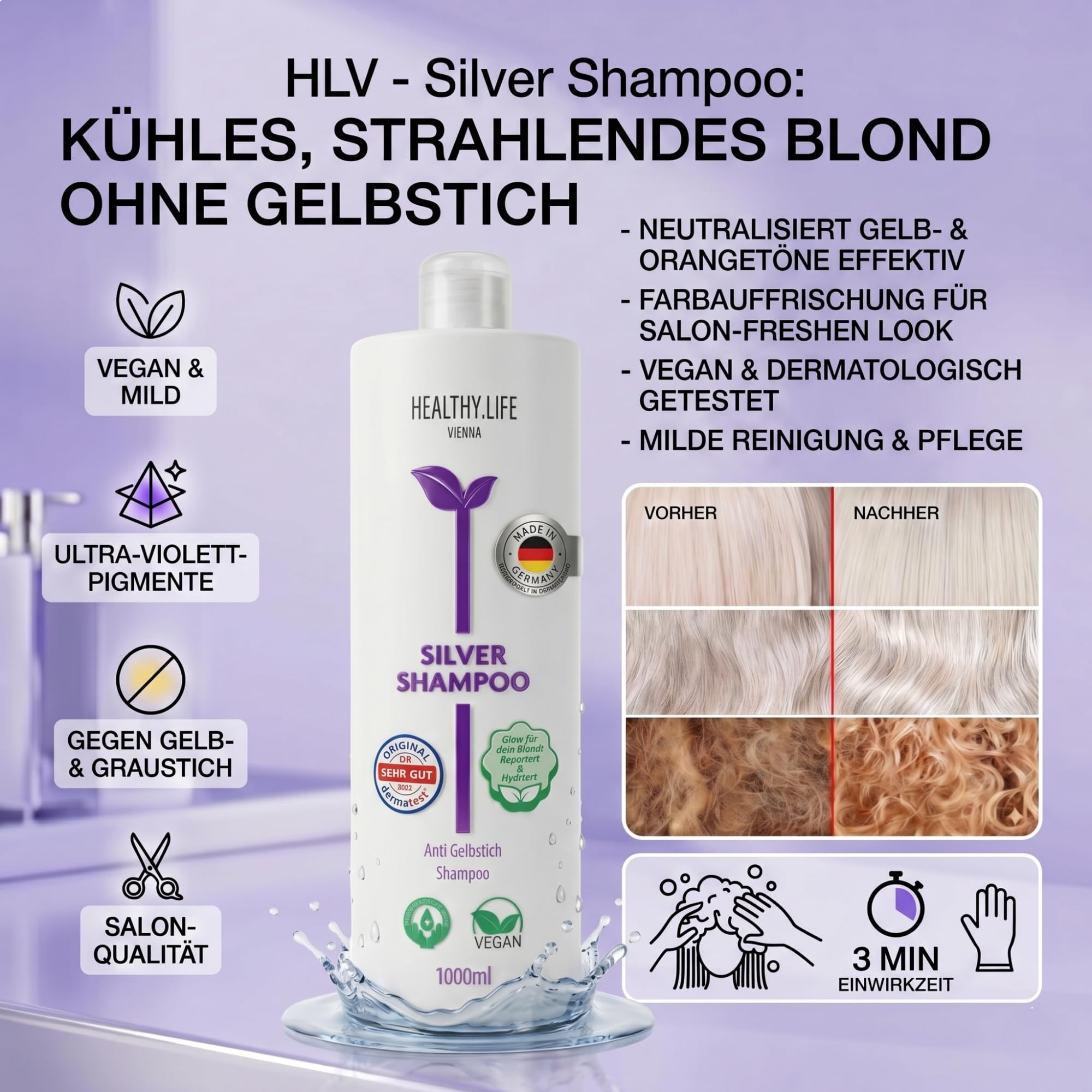 HLV - Silver Shampoo – VEGAN, mit Ultraviolettem Farbstoff Gegen Gelb & Graustich | Für Blondes, Weißes & Graues Haar | Mildes Anti-Yellow Shampoo, Wirkt Ohne das Haar zu Beschädigen, 1000 ml