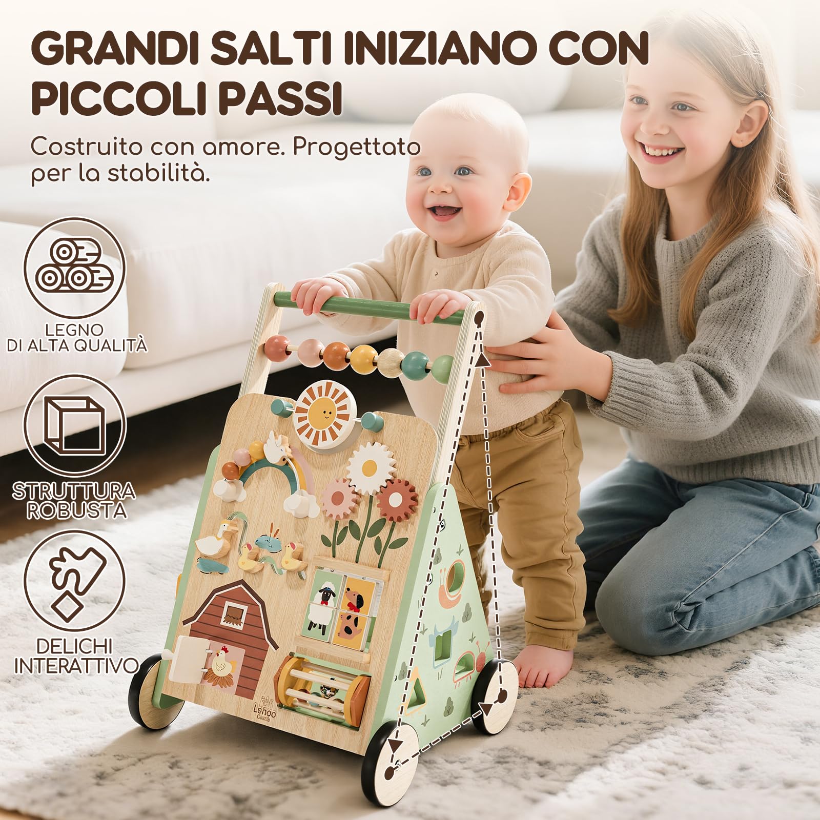 Lehoo Castle Carrello Primi Passi Legno, Girello per Bambini in Legno con Centro Attività, Giochi Montessori 1 Anno, Regalo Bambino Bambina 1 Anno