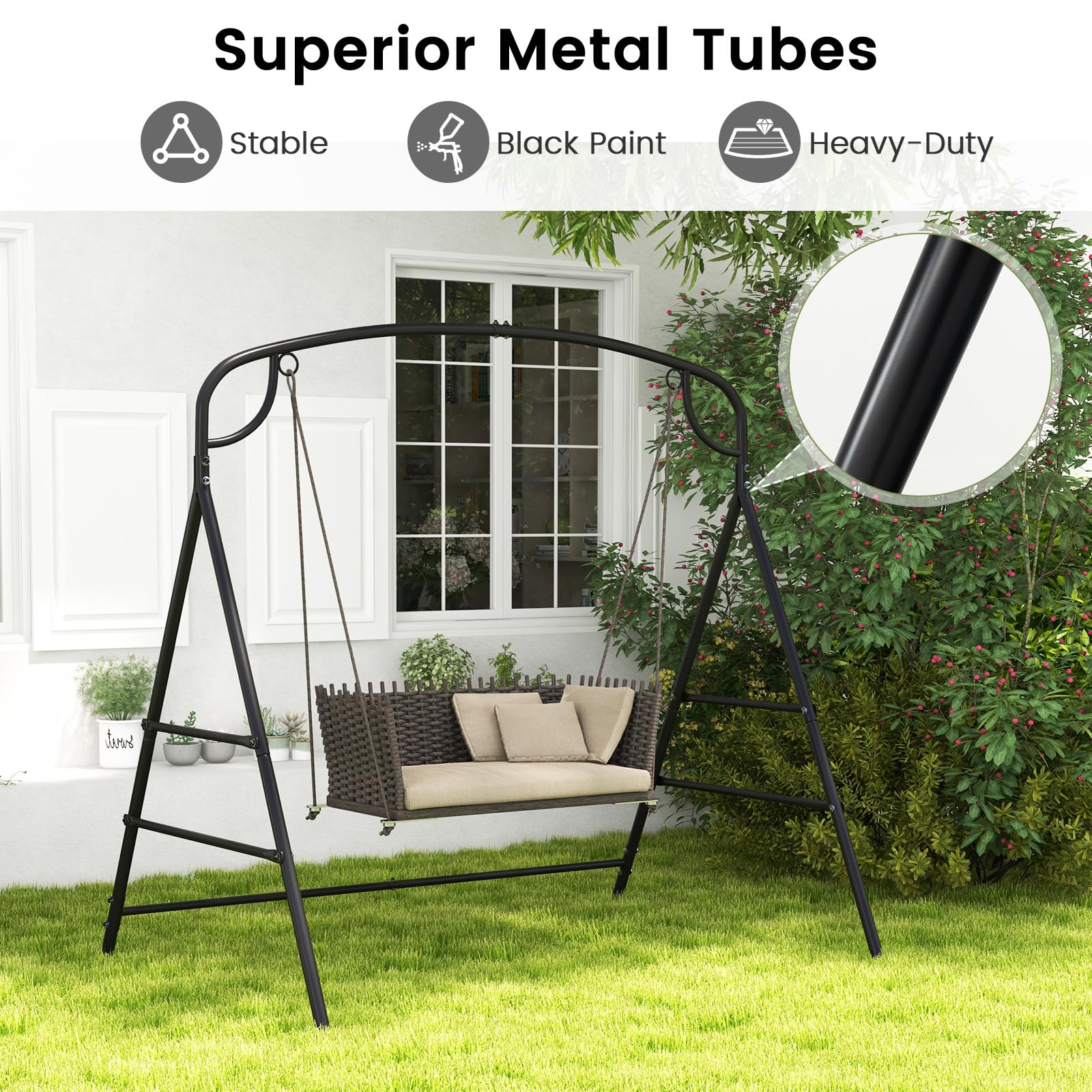 KOMFOTTEU Soporte para Columpio de Metal, Marco para Balancín de Jardín en Forma A, Estructura para Banco Colgante con Carga de 300 kg, Marco con 2 Anillos para Balcón, Porche, 180 x 133 x 182 cm