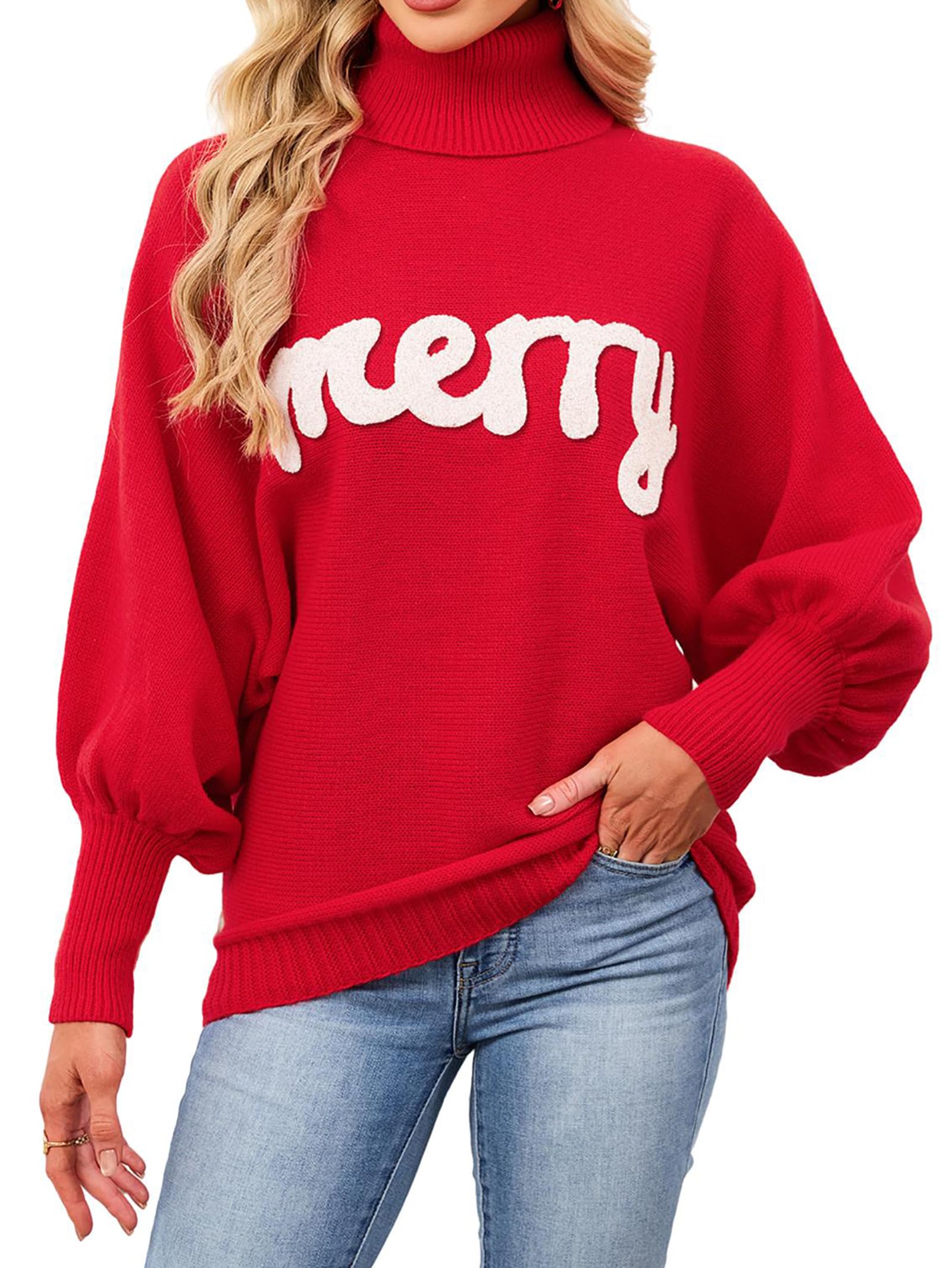 SunnyMelody Womens Cute Christmas Turtleneck Batwing Sleeve Sweater Winter 2025 Funny Holiday Merry Letter Knit Pullover Tops
