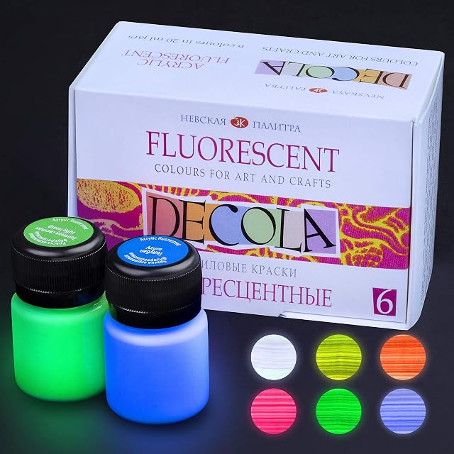 Decola Neon Acrylic Colours Set | 6 x 20 ml Fluorescent Acrylic Paint Glow under UV light (Black Light) | Made by Nevskaya Palitra
