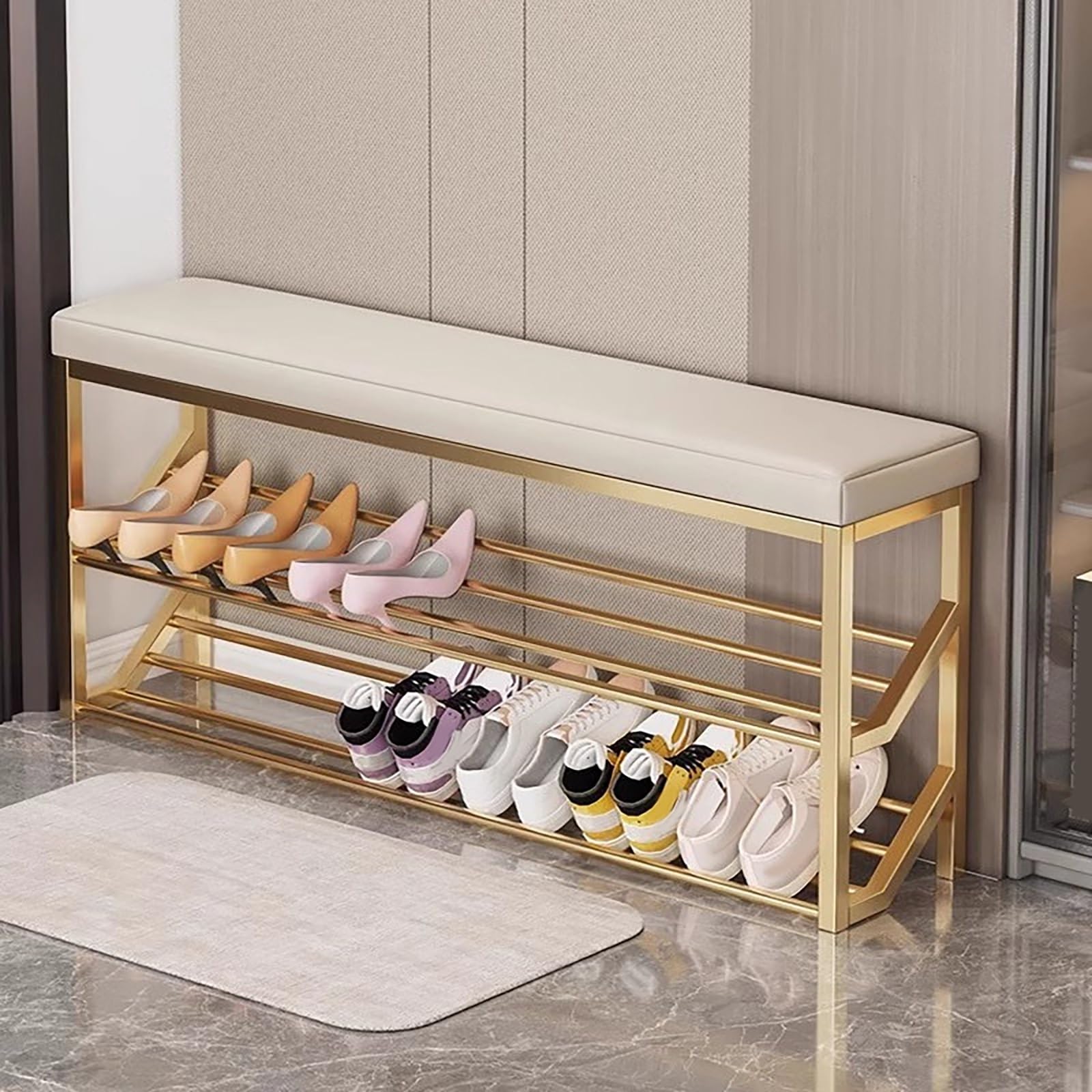 Banc à chaussures en métal rembourré pour libérer l'espace de votre entrée