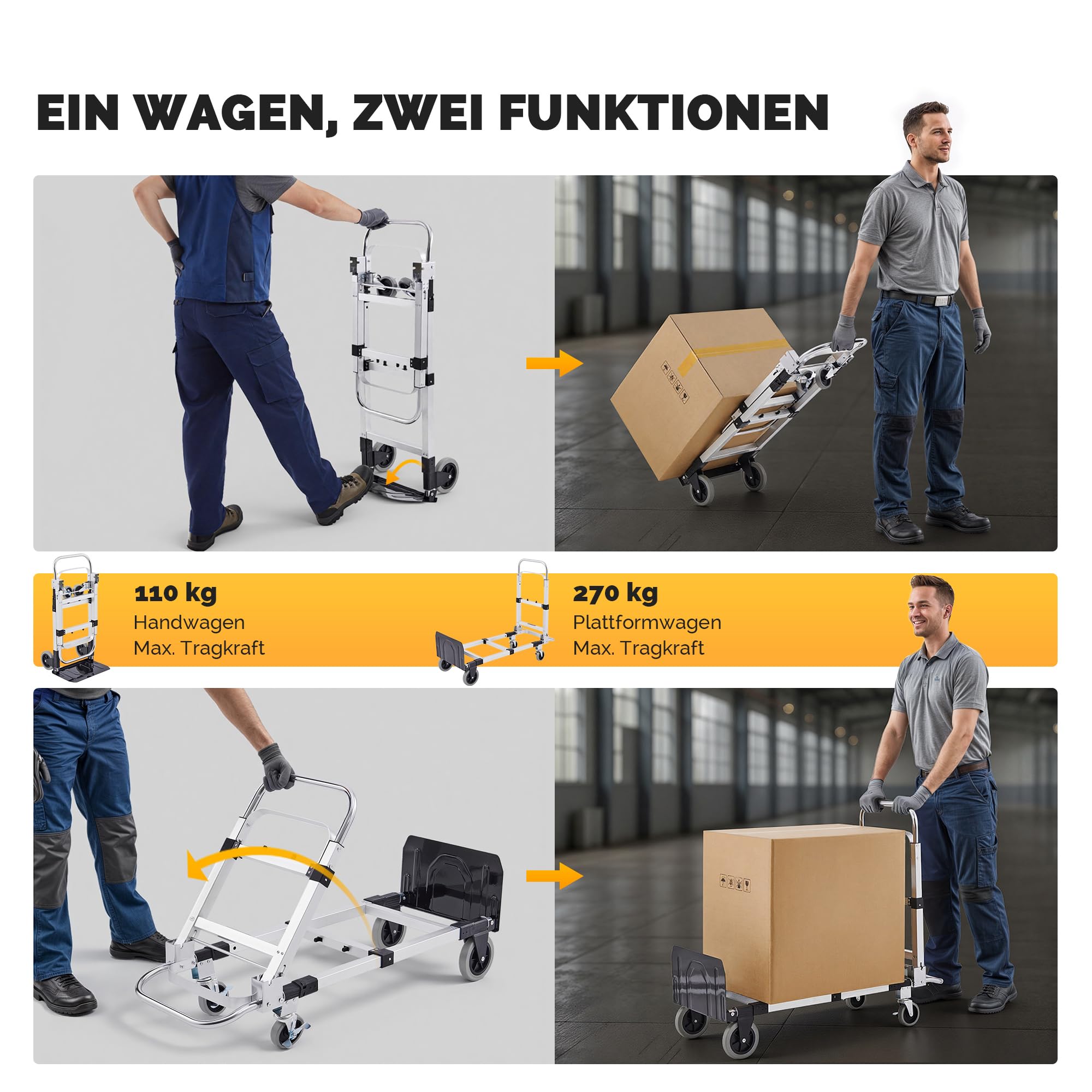 CREWORKS 2-in-1 Sackkarre Klappbar Aluminium Transportkarre Höhenverstellbar Plattformwagen mit Feststellbaren Schwenkrädern, 2 Gurten Tragkraft 270kg Handwagen Leicht Transportwagen für Transporte