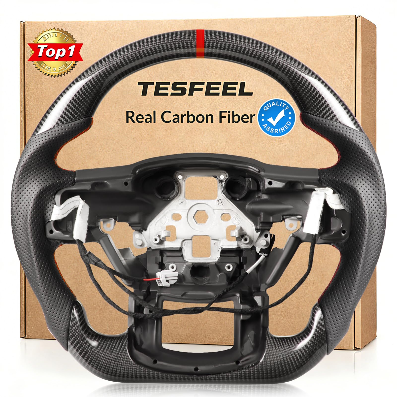 TESFEEL Heated Real Carbon Fiber Steering Wheel for F150 Raptor 2017-2020 (Gen 2), D-Shape Flat Bottom, Hand-Stitched Nappa Leather, Compatible with Heating & Paddle Shifters