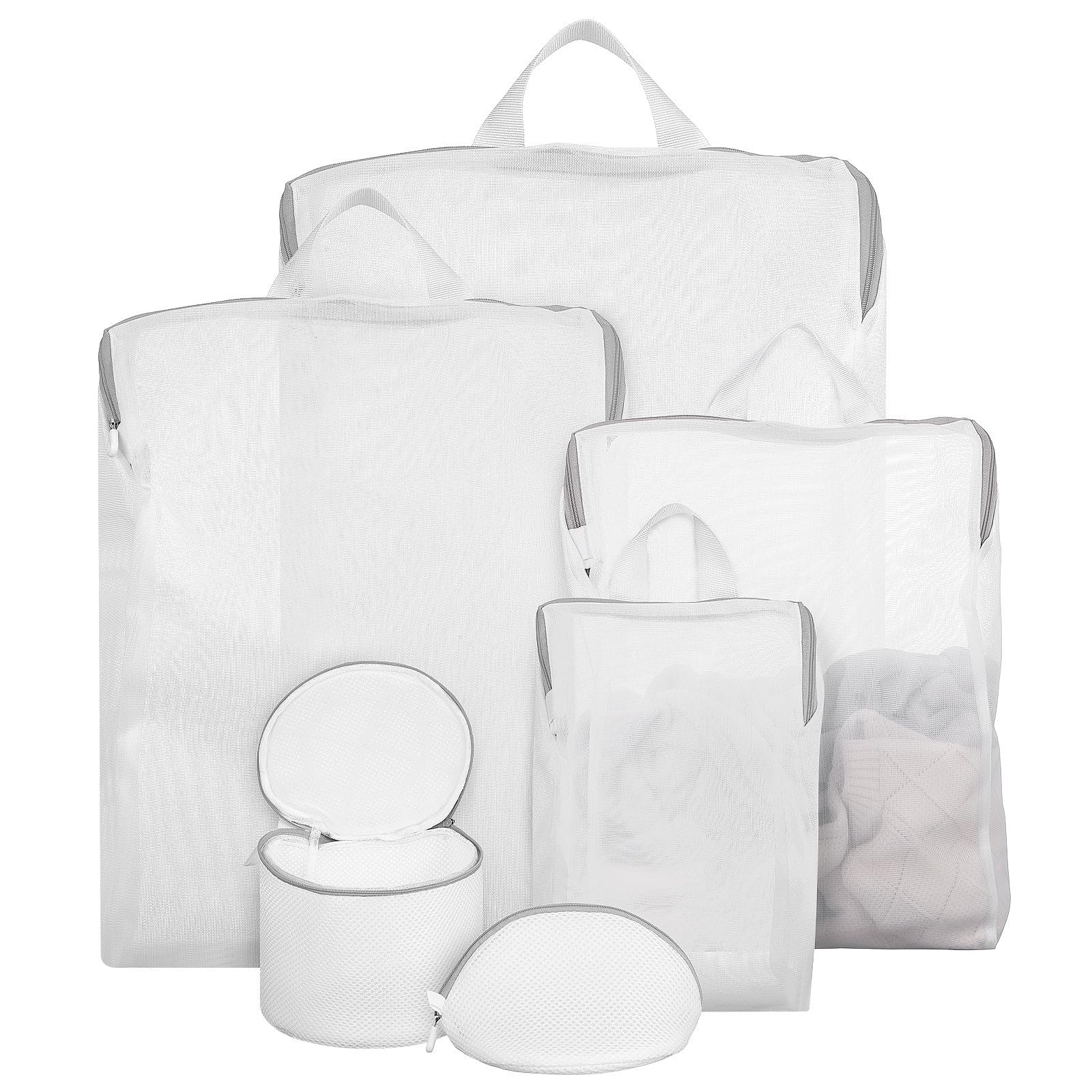 Baluue Set 6 Pezzi Sacchetti per Bucato in Rete Manici, Capacità Grande, Materiale Poliestere Bianco, Protettori Abbigliamento per Viaggi e Trasferte