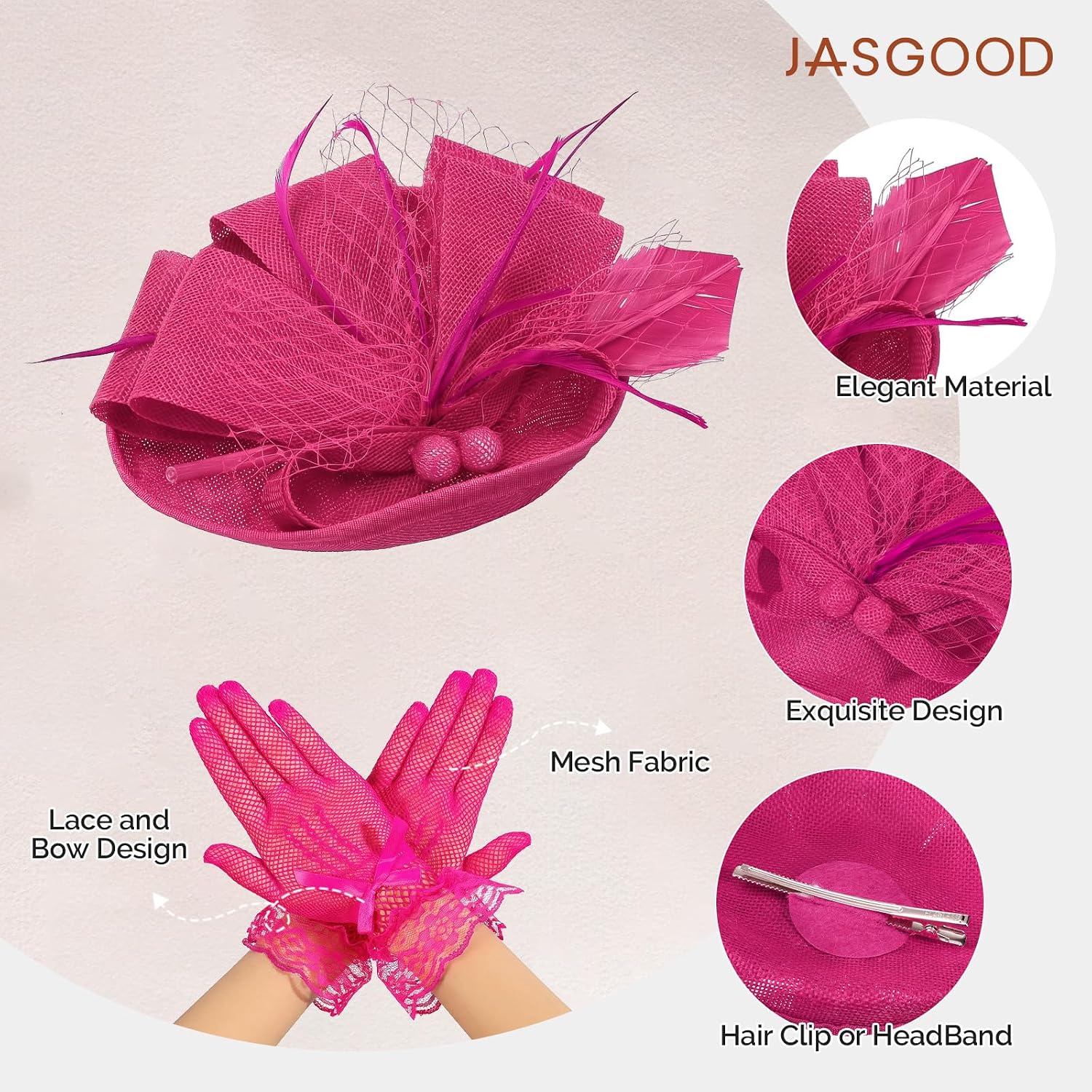 JASGOOD Fascinators Hat for Women and Lace Bow Gloves-Pillbox Hat Headband for Tea Party Church