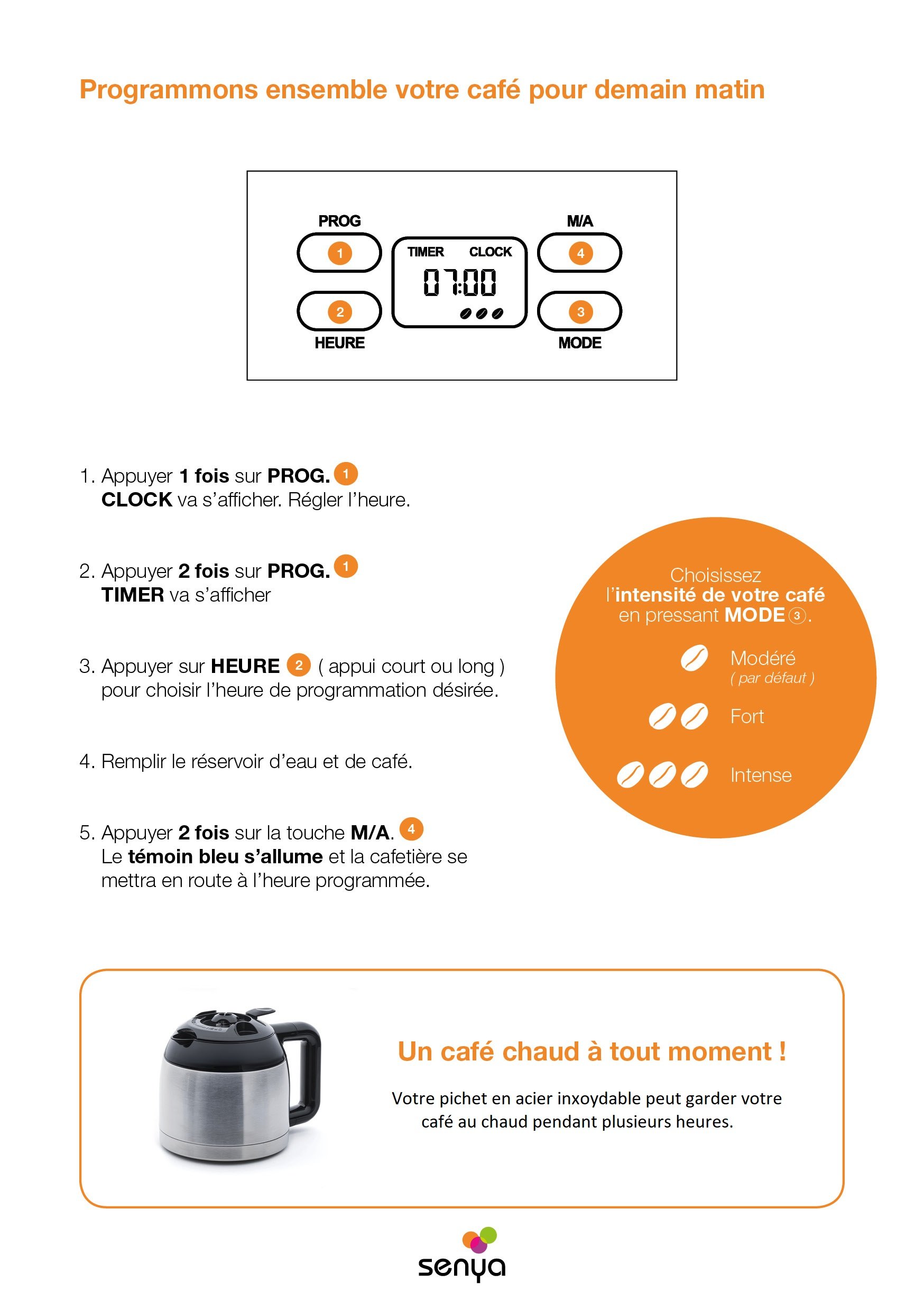 Senya cafetière électrique programmable Inox Hot Coffee, verseuse isotherme en acier inoxydable, fonction sélecteur d’arôme, maintien au chaud, 1,2L, 800W, SYBF-CM025