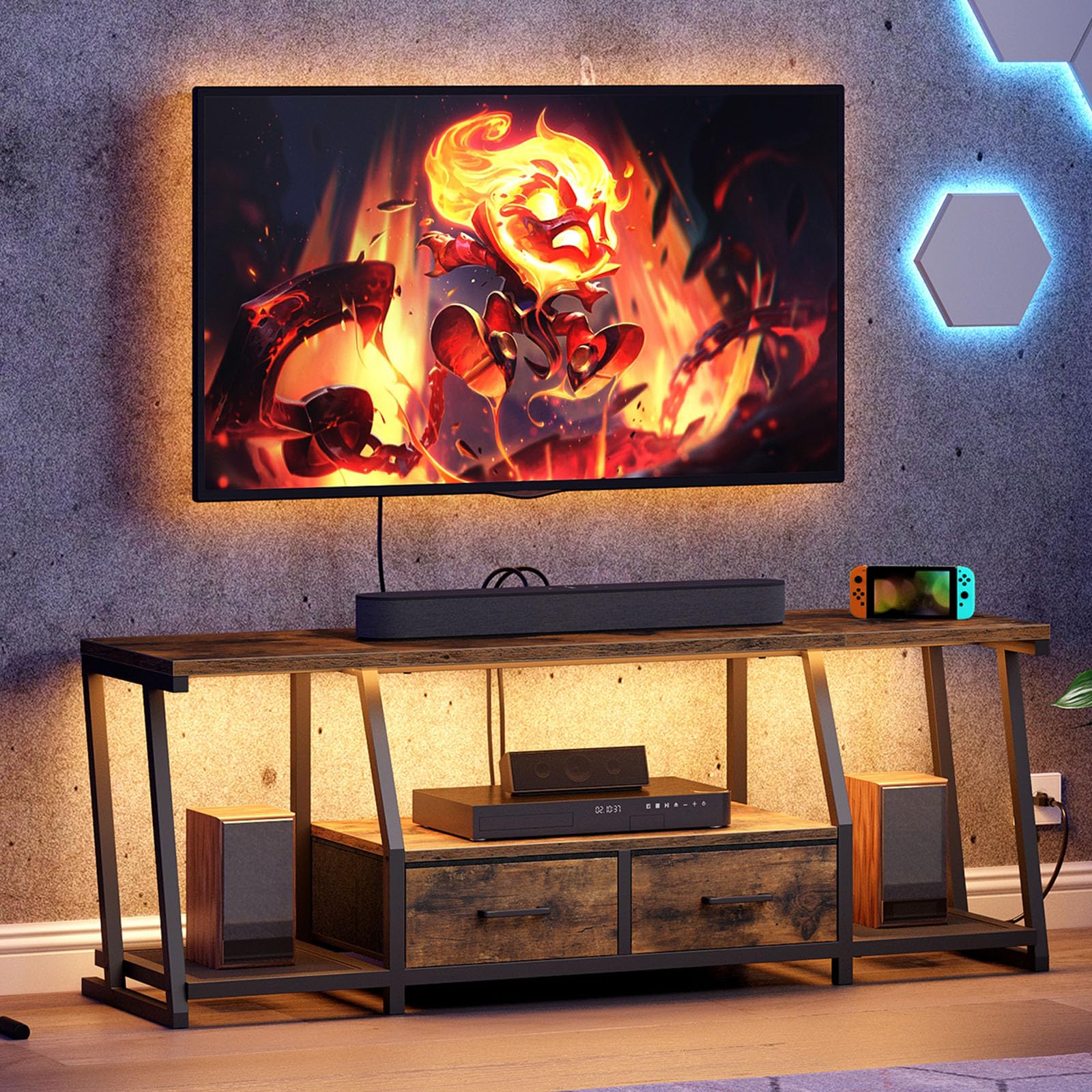 RALGEND LED TV Stand for 55 65 Inch TV, Entertainment Center with Open Shelves and Power Outlets, TV Console Table with Fabric Drawers, Media Console