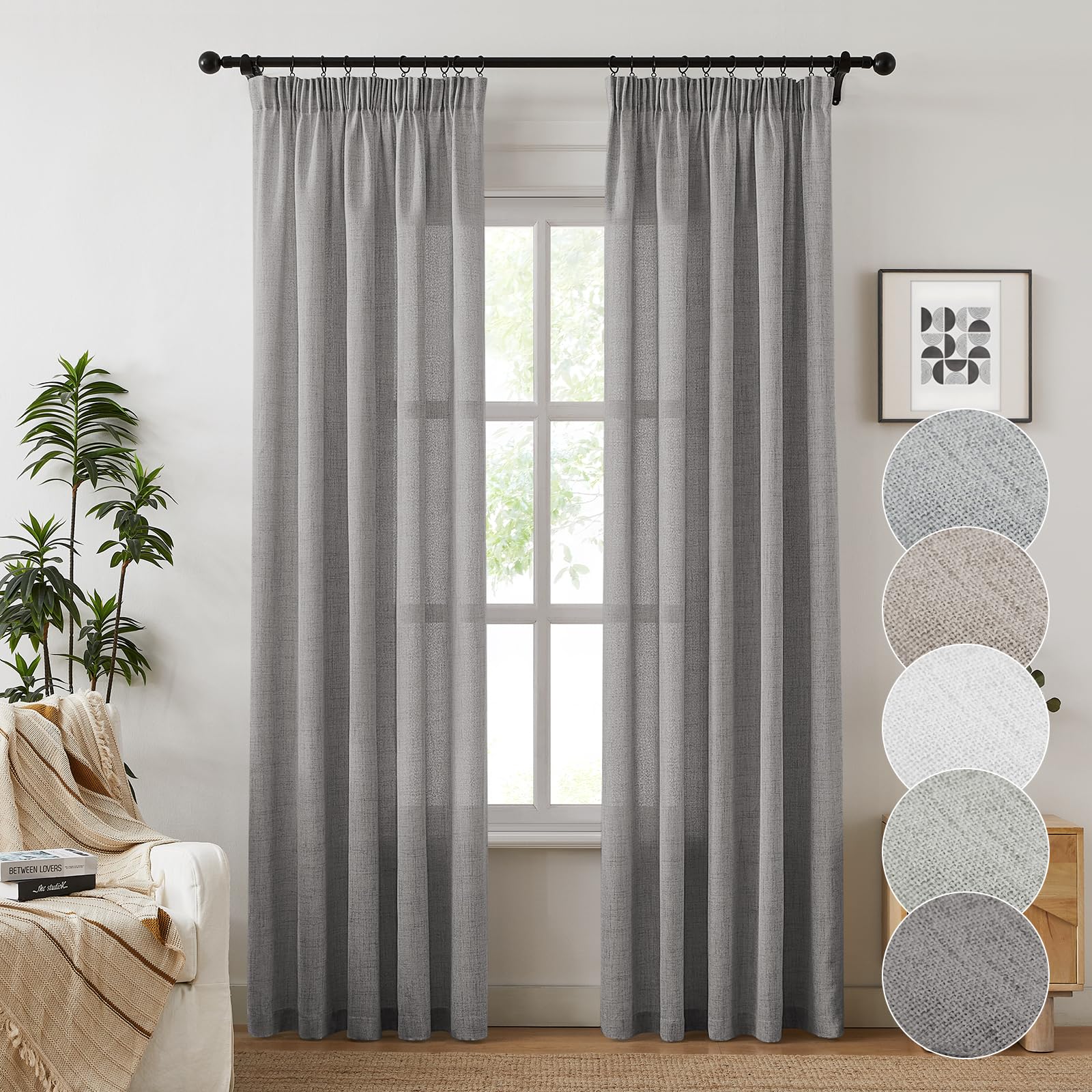 Melodieux Tende con nastro arricciato, effetto lino naturale, semi-libere, per camera da letto, set da 2, 210 x 140 cm
