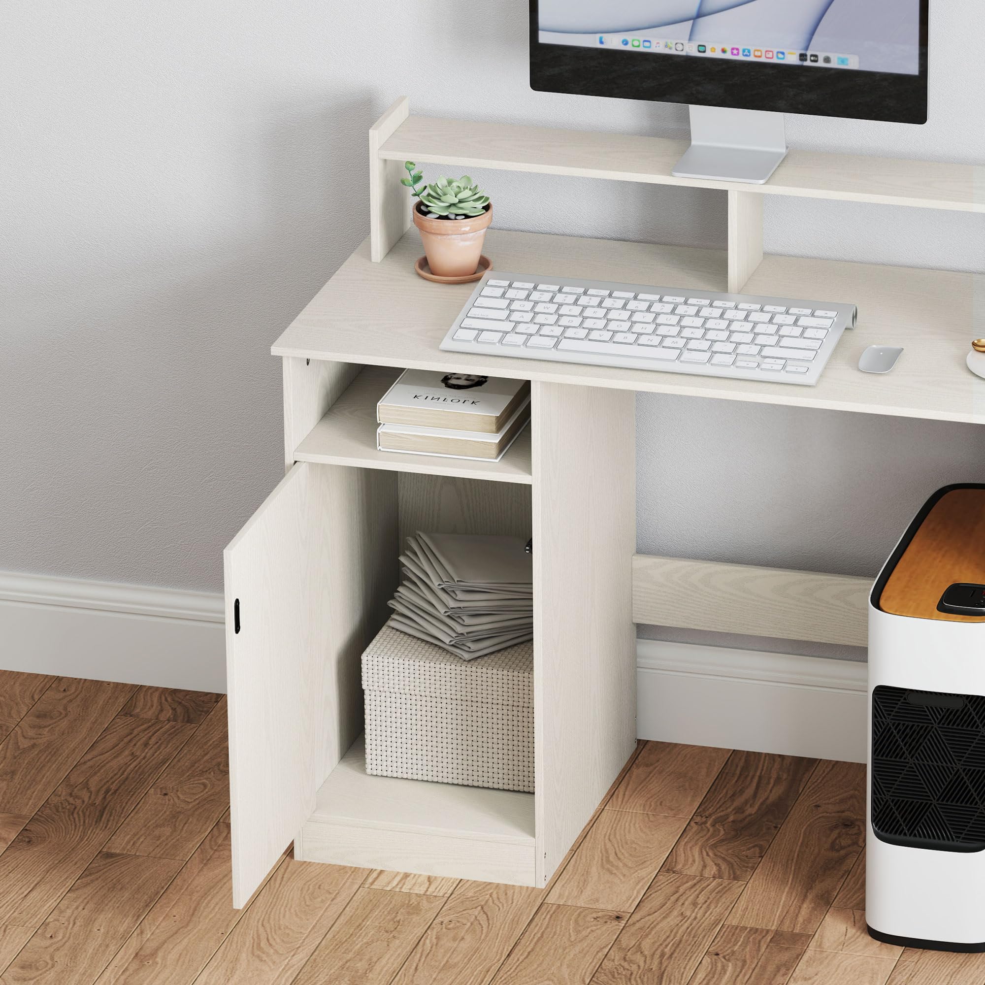 HOMCOM Escritorio con Estantería Moderno con Puerta 108x50x94 cm Crema | Compartimentos Abiertos, Soporte para Monitor, Mesa para Estudio, Dormitorio, Hogar, Oficina