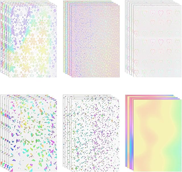 30 Sheets Transparent Holographic Overlay Lamination Glitter Vinyl Sticker Paper A4 Size Self Adhesive Permanent Vinyl Sheets (6 Patterns)