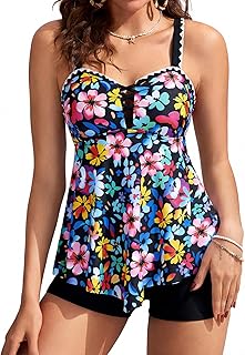 Tankini Swimsuits for Women 2025, Two Piece Tummy Control Bathing Suit, Floral Flowy Swim Tops with Short Swimwear