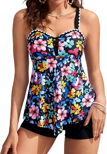 Kate Kasin Tankini Swimsuits for Women 2025 Two Piece Tummy Control Swimsuit Flowy Floral Swim Top with Short Swimwear