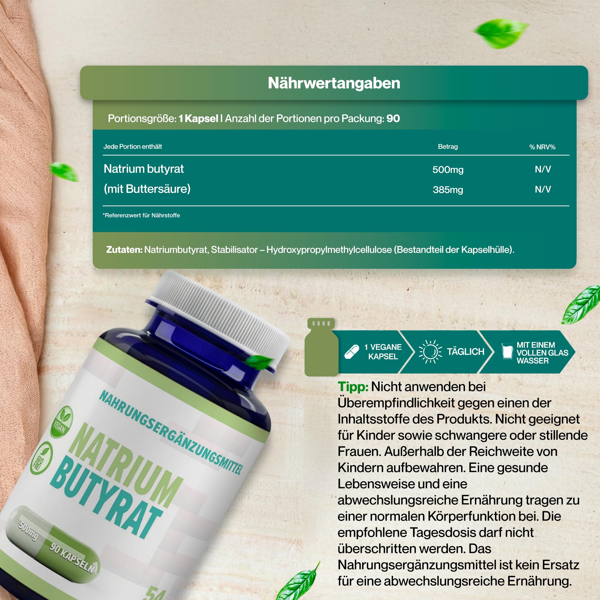 Hepatica Natriumbutyrat 500 mg | liefert 385 mg Buttersäure | 90 vegane Kapseln | GMP & Laborgeprüft