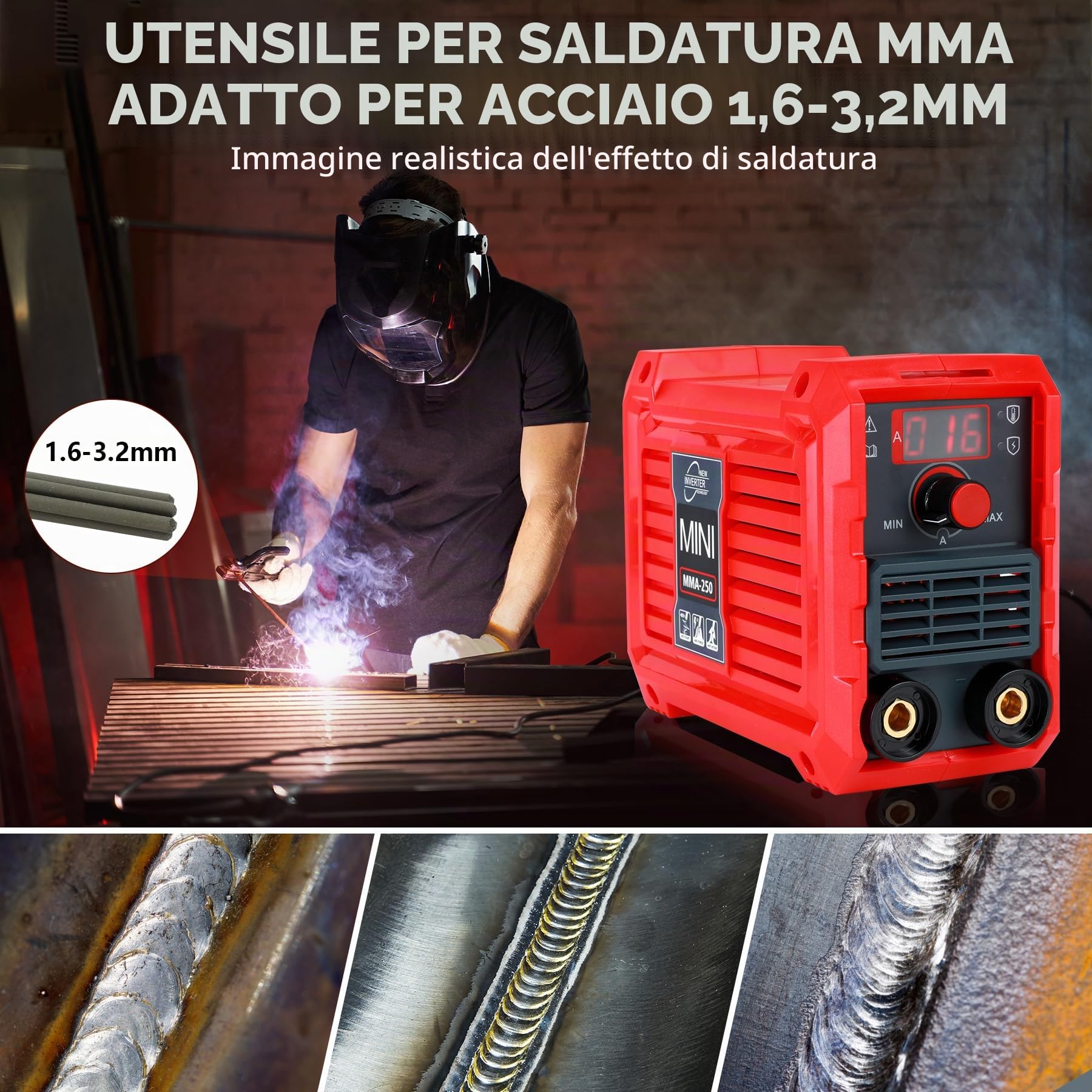 MMA Saldatrice, Saldatrice Elettrodo, ARC Saldatrice Inverter, Saldatrice a Filo, Saldatrice a Filo Continuo, Saldatrice Tig, Display Digitale, Compatto e Leggero, 210x105x165mm