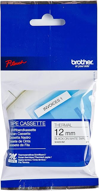 Brother M-K231BZ Labelling Tape Cassette, Black on White, 12 mm (W) x 8 m (L), Brother Genuine Supplies