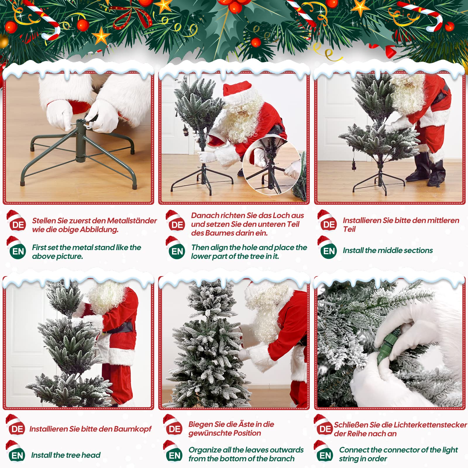 Yorbay Albero di Natale Slim, con Luci LED e Fiocchi di Neve, Supporto in Metallo, Albero Natalizio Artificiale Innvevato, per Decorazioni Natalizie (210cm)