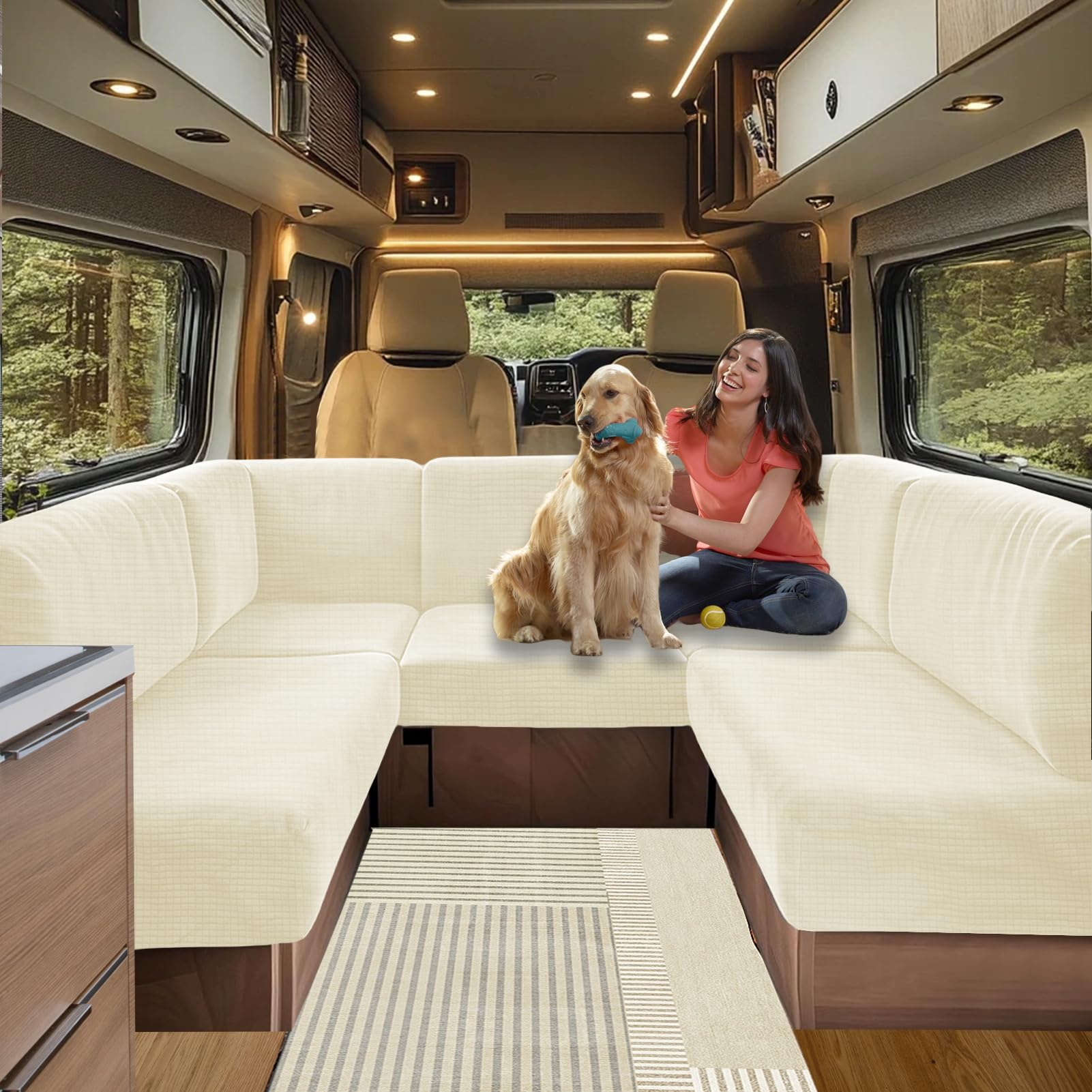Caravan Seat Cover Stretch Jacquard, Non-slip RV Dinette Cushion Covers, for Caravan Camper Sofa Anti-Slip Kids and Pets-Friendly Washable (Beige,W 150-190cm, D 45-65cm)