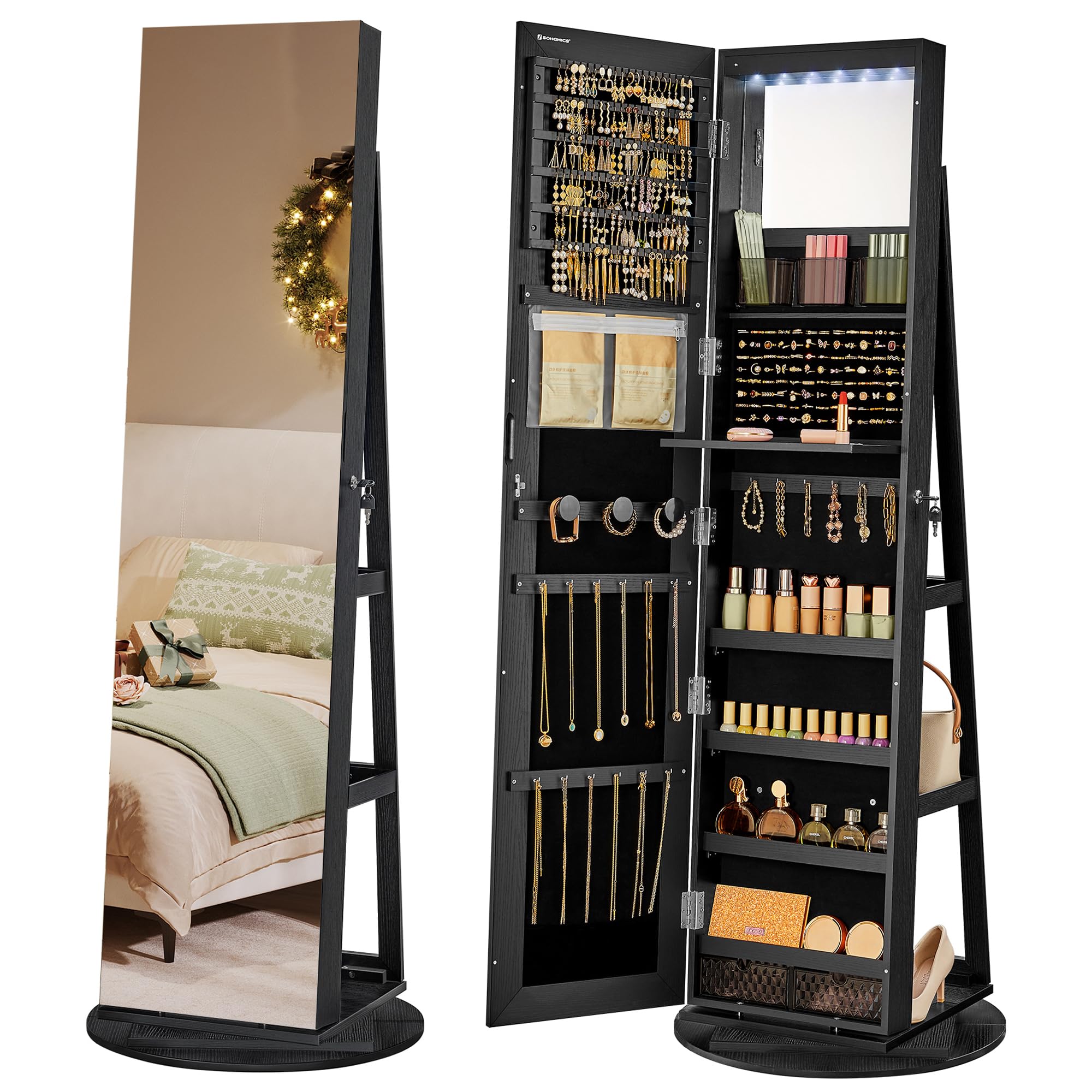 SONGMICS 6 LEDs Lockable Mirror Jewelry Cabinet, 360° Swivel Jewelry Organizer Armoire Standing, Frameless Full-Length Mirror, 3 Storage Shelves, Black Surface, Black Lining UJJC007B01