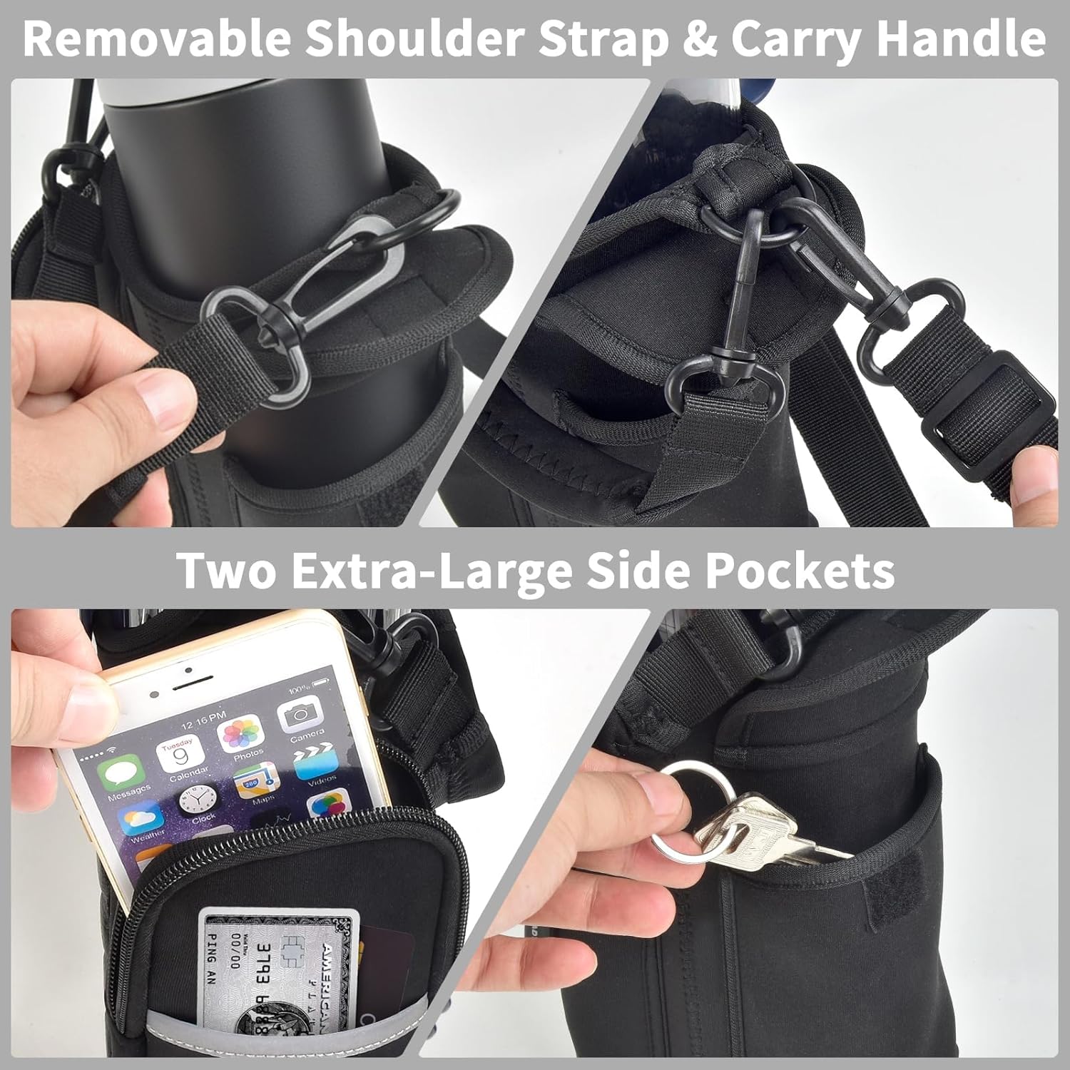 Magnetic Gym Water Bottle Bag, Carrier Holder for Water Bottle with 14 Magnets,Phone Pouch & Detachable and Adjustable Shoulder Strap for Men Women(Pouch Only)-Black - Image 6
