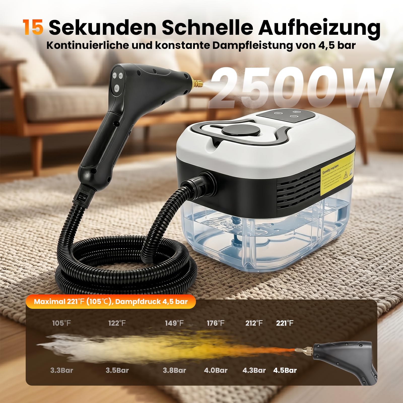 4.5 Bar Dampfreiniger Handgerät, 2500W Handdampfreiniger für das Haus Mehrzweck, 6 Einstellbare Geschwindigkeiten, 1.2L Wassertank, Aufheizzeit & 15 Sekunden für Auto, Küche, Bad, Fliesen, Fenstern