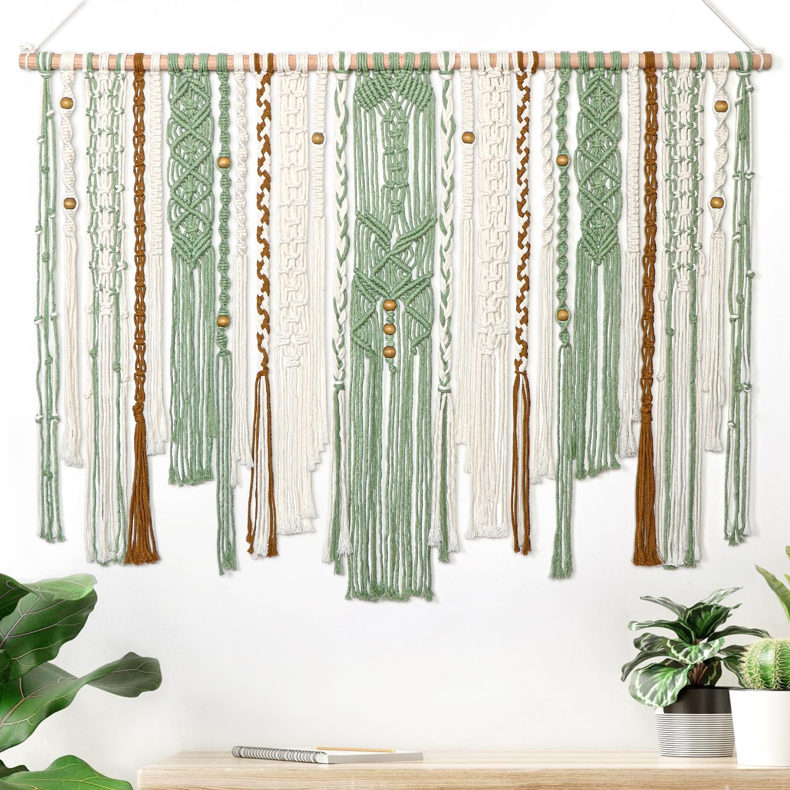 LOMOHOO Tapiz de pared grande de macramé para colgar en la pared, 98 x 75 cm, tapiz de pared bohemio hecho a mano, regalo para el hogar, estético, verde, arte de pared para sala de estar, dormitorio,
