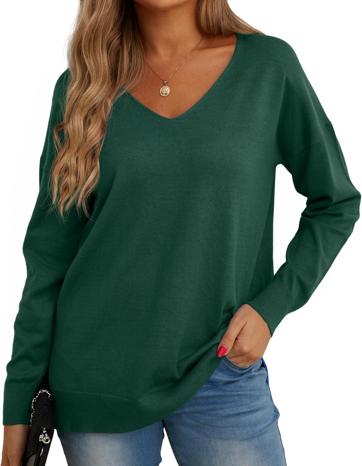 GRECERELLE Maglioni in maglia da donna con scollo a V, felpa casual classica tinta unita, a maniche lunghe, maglione pullover, top da donna per inverno, autunno, primavera, 03 vino rosso, S