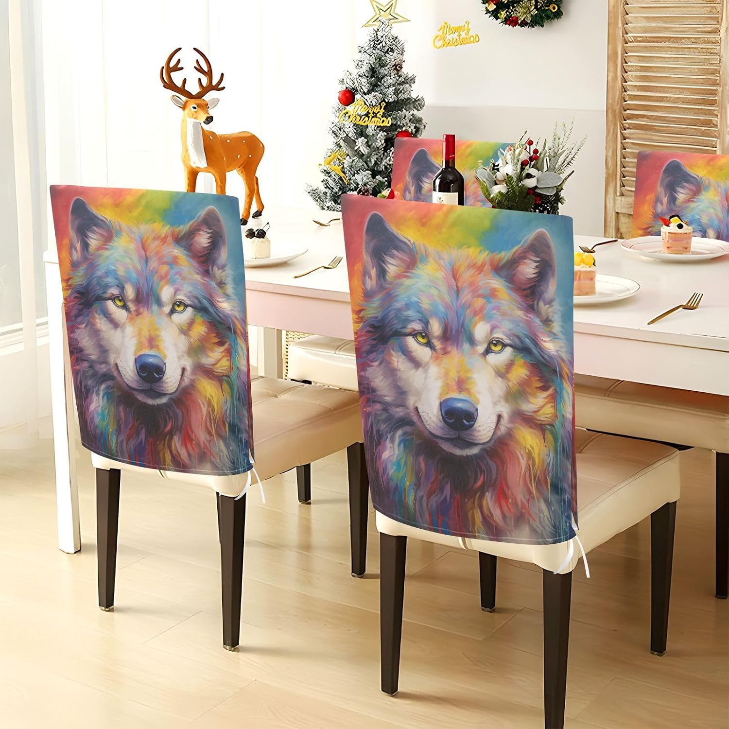 ALAZA Rainbow Color Wolf Chair Back Cover Set of 6, Washable Reusable Removable Chair Slipcovers Decorative Chair Cover for Home Kitchen Wedding Party