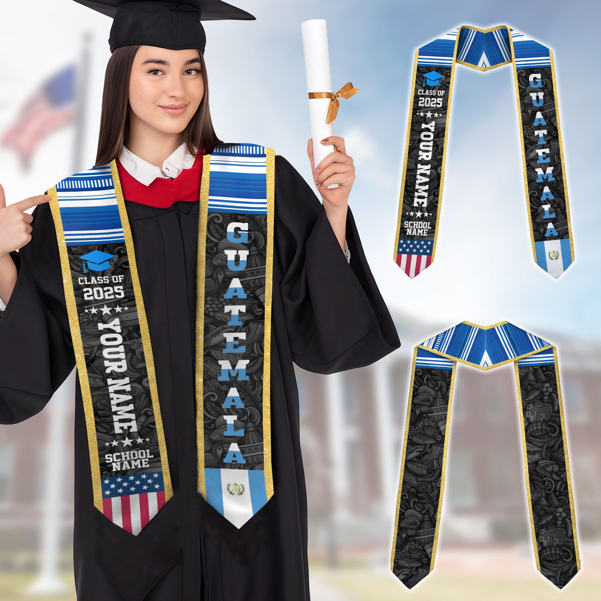 MonkeyVan Custom Guatemala Graduation Sash, Personalized Guatemalan Graduation Sash 2025, Guatemala American Graduation Sashes Gtm5