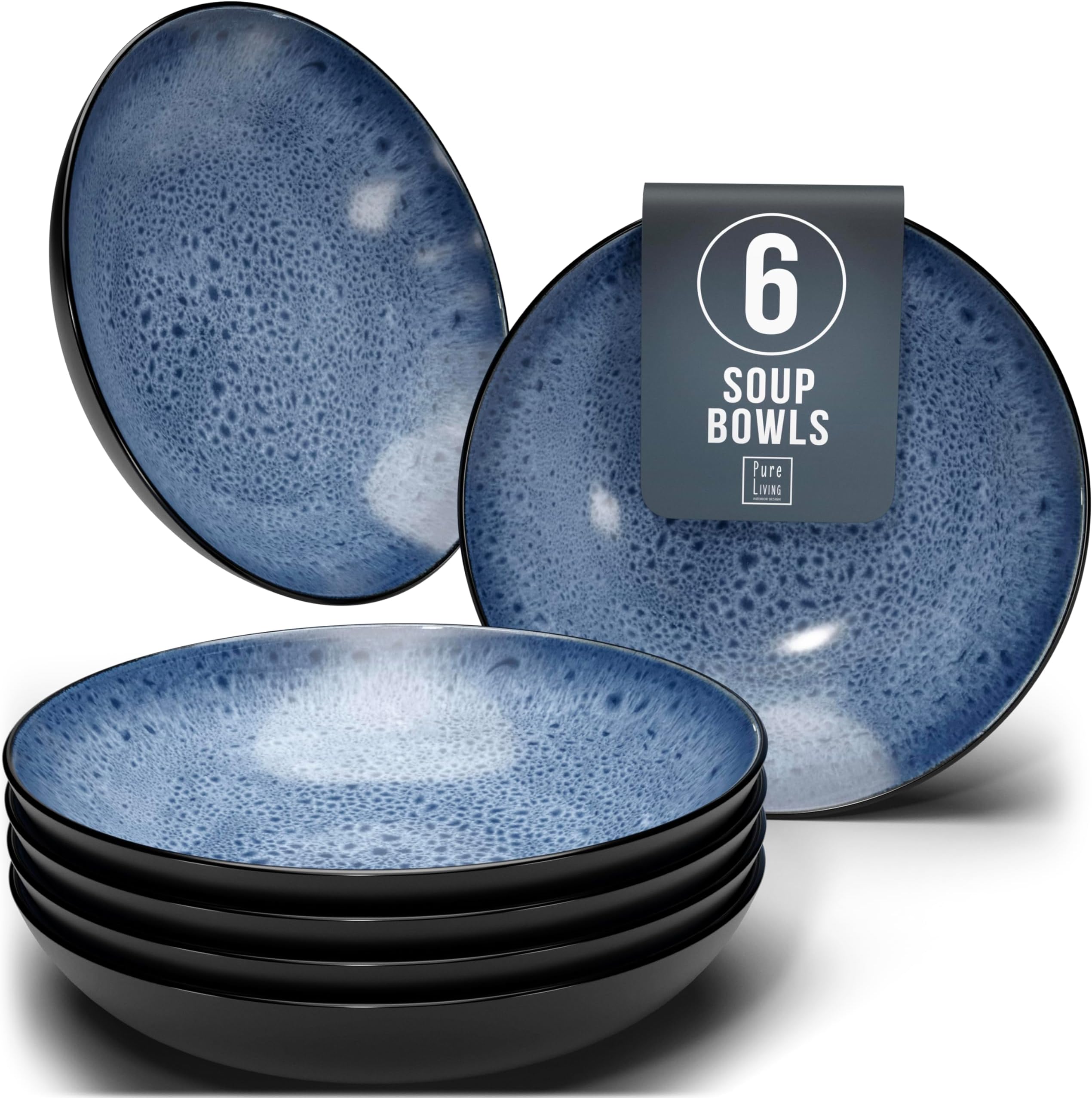 Stylish Stoneware Dinner Set - 6-Piece Deep Plates Set - Ibiza Series Deep Plates - Elegant Pasta and Soup Bowls for 6 - Pure Living Collection in Deep Blue