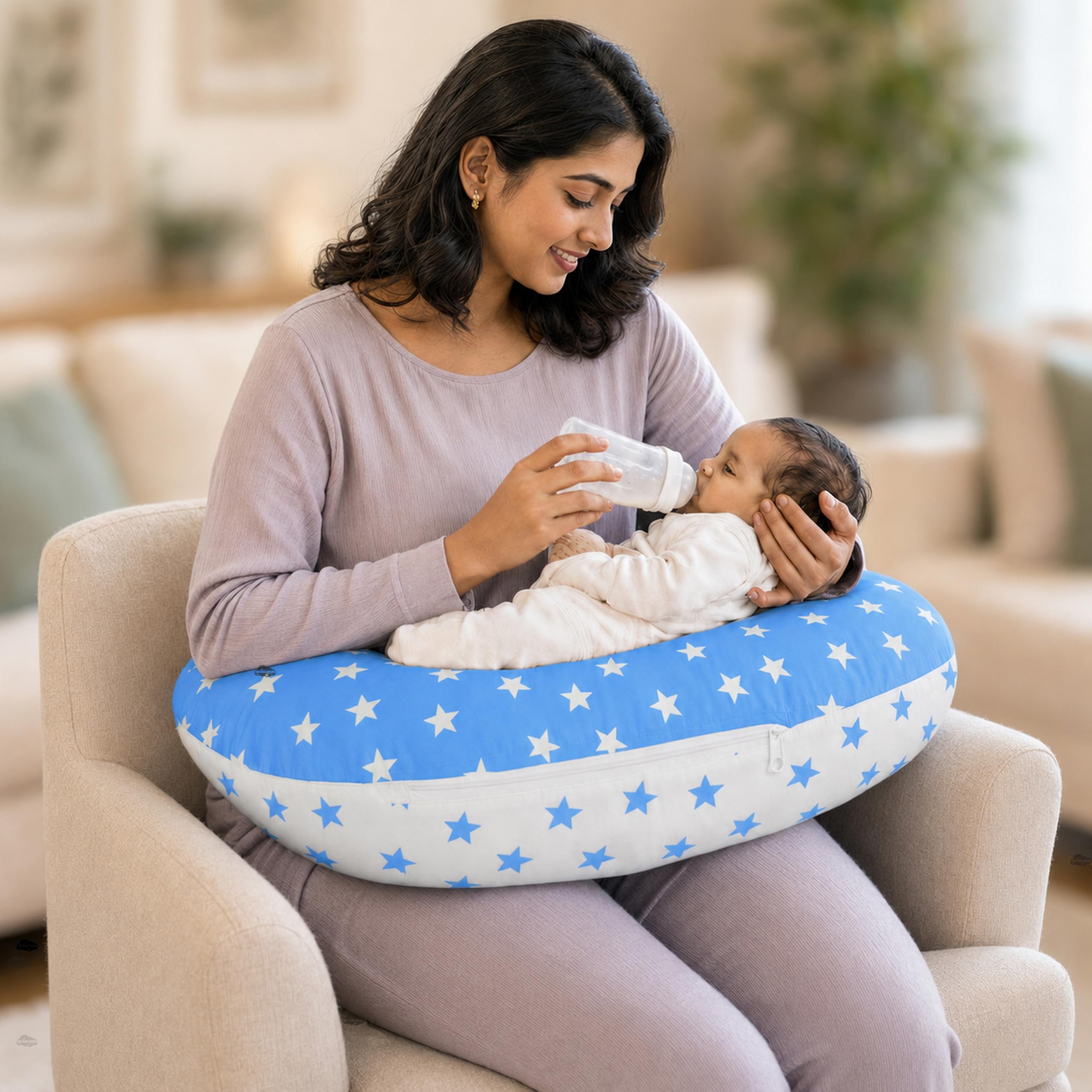 Infans Mini Baby Feeding Pillow Cotton|Maternity Feeding Pillow Portable & Adjustable|Nursing Pillow for Mother and New Born Baby (Star Blue)