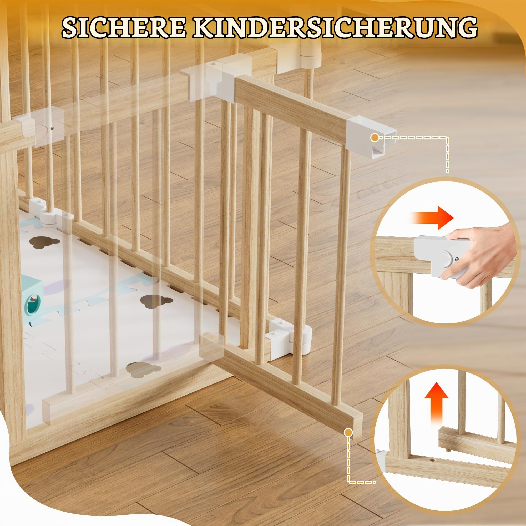 MSFE Laufstall Baby Faltbar Holz,8 Paneele Wooden Baby Playpen Verstellbare Multi-Shape & Größe mit Tür,Sicherheitsverschluss und Spielpaneelen für Wohnzimmer,Schlafzimmer und Kindergarten