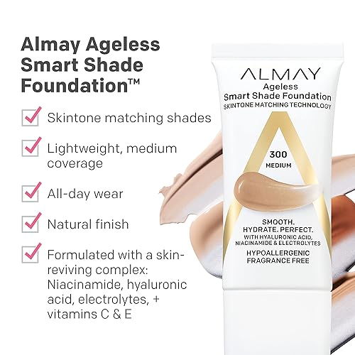 Miniatura 3 de Almay Base antienvejecimiento, maquillaje facial Smart Shade con ácido hialurónico, niacinamida, vitamina C y E, hipoalergénico, sin fragancias, 050