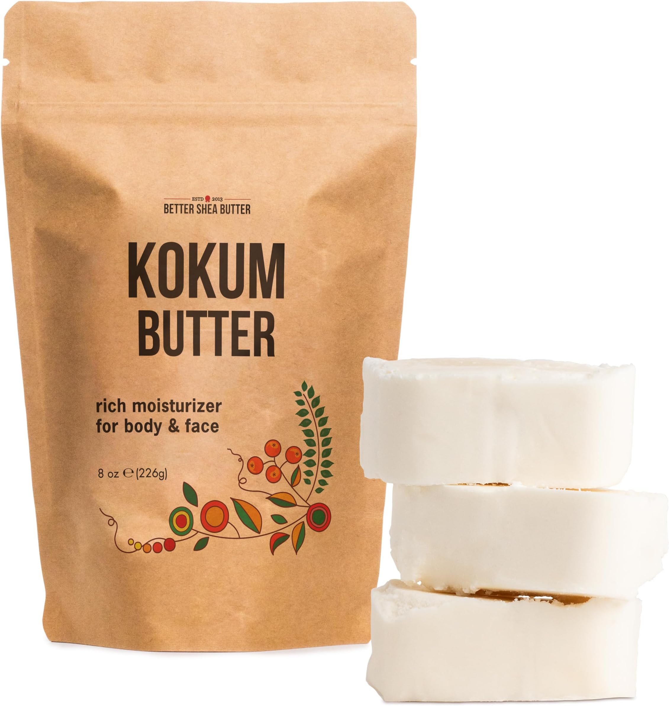 Raw Kokum Butter Unrefined - Body Butter Bar for Soap Making and DIY Skin and Hair Care Products - Pure, Unscented Moisturizer for Lotion Base - 8 oz Block