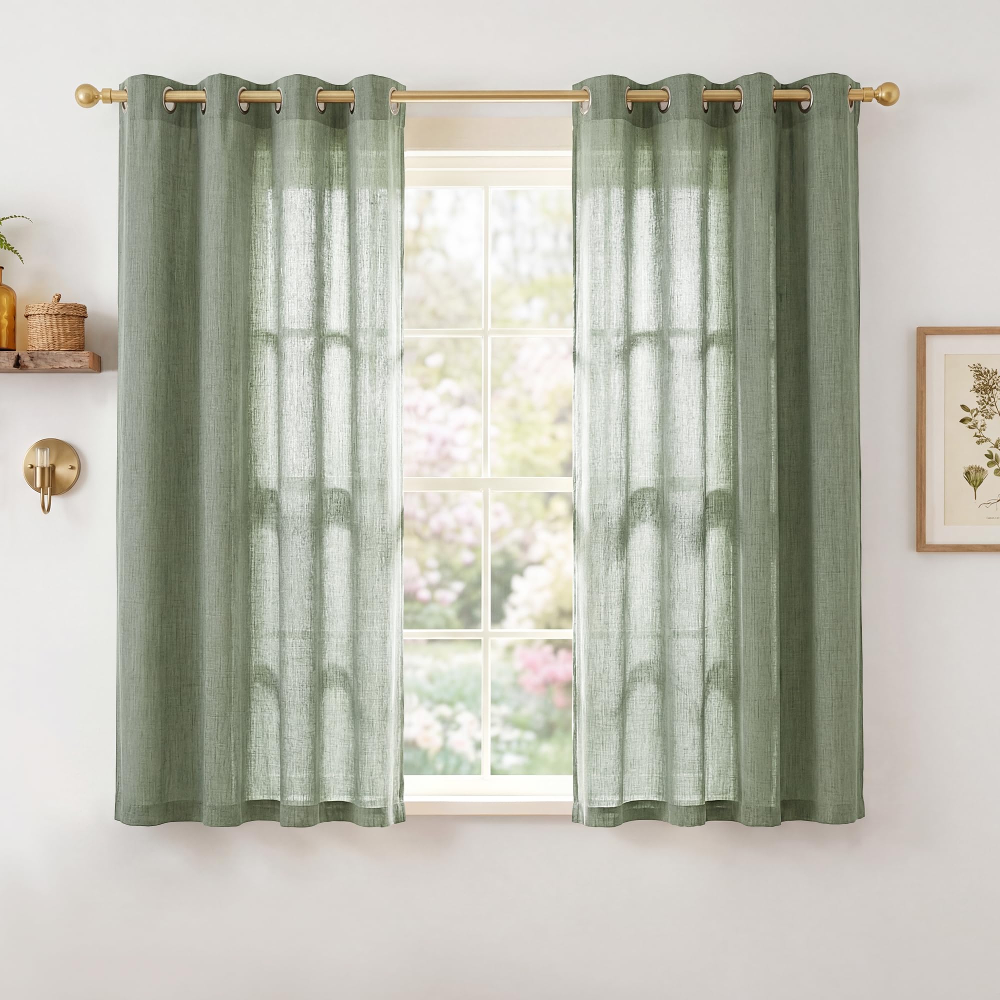 Cortinas cortas para cocina 140x145cm, paneles sheer semi translucidas rusticas con ojales, verde