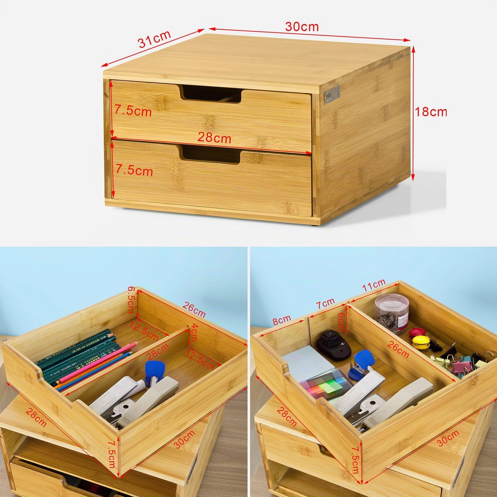 SoBuy Boîte à Thé en Bois avec Compartiments Boîte de Rangement Thé, Café, Capsules, Sucre, Épices Tiroir Coulissant Boîte à Thé avec Couvercle pour Cuisine ou Cadeau Style Naturel 31x18x30cm FRG82-N