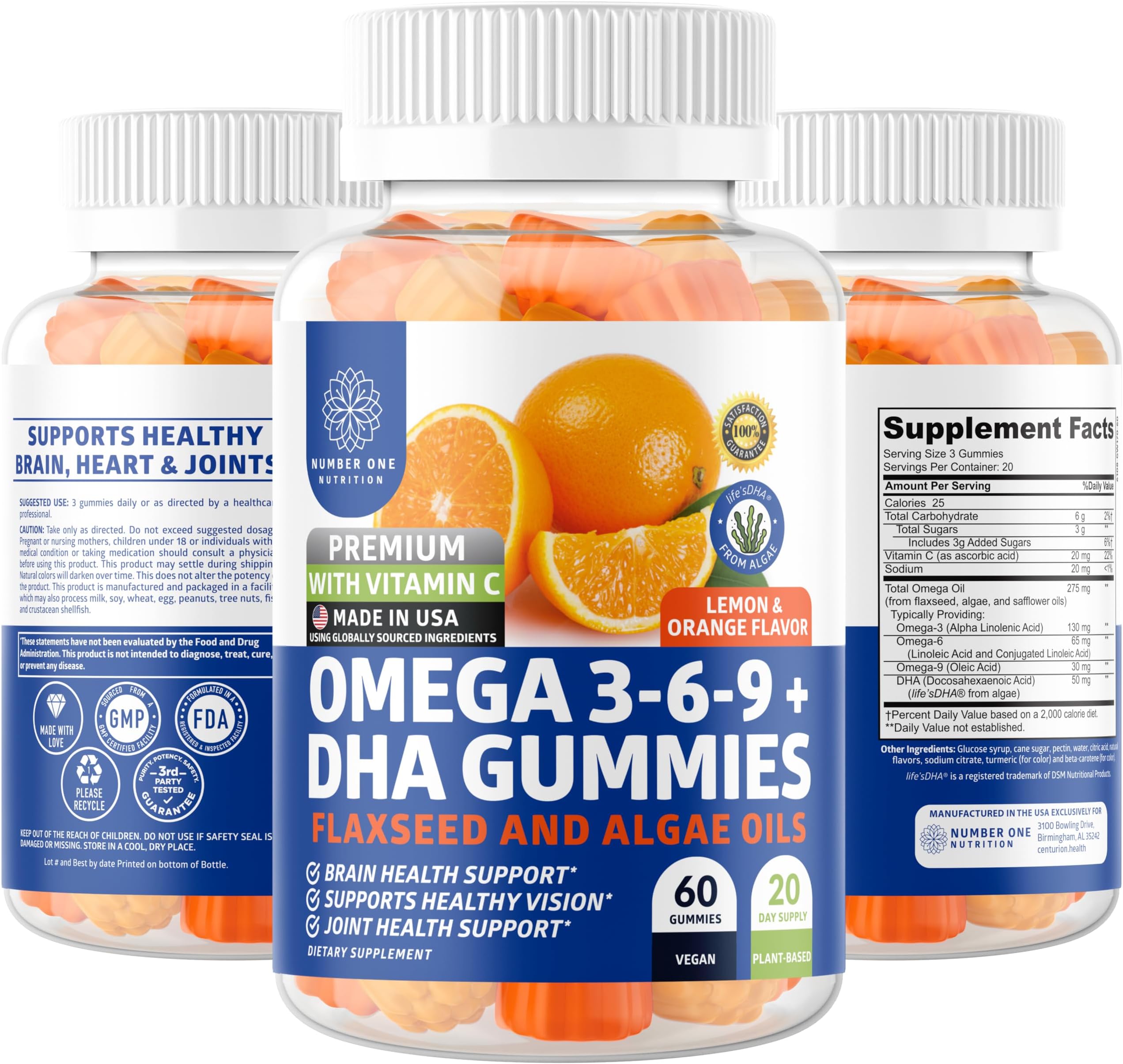 N1N Premium Omega 3 6 9 + DHA Gummies [Vegan, Plant Based] Natural Brain, Immunity and Joint Health Support with Vitamin C, 60 Gummies