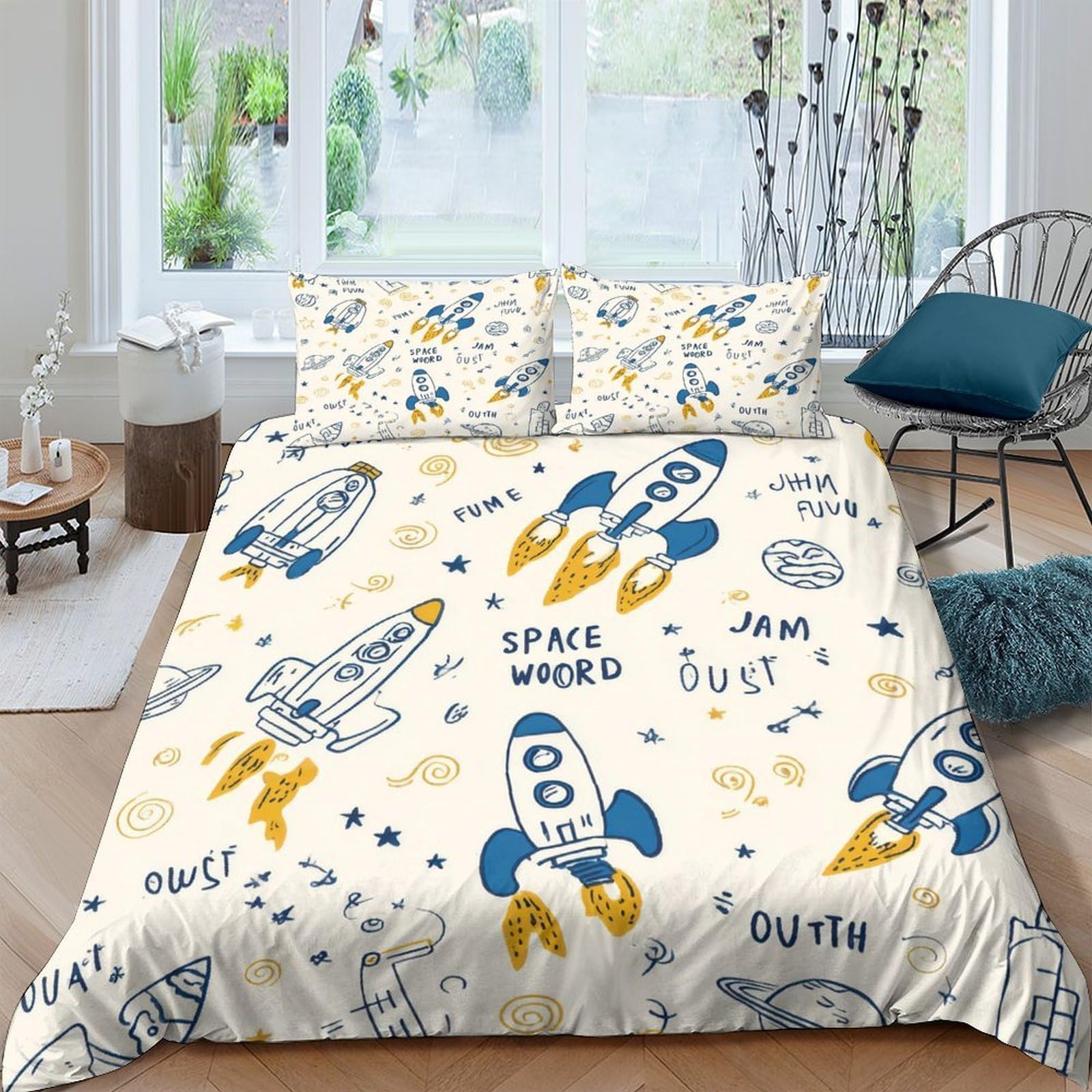 Ctjqhvkz Style-2 3D Printed Rocket Spaceship Fitted Sheet Microfiber Soft Blue Yellow Planet Mattress Cover For Bedroom Dorm Decor Single（135X200cm）