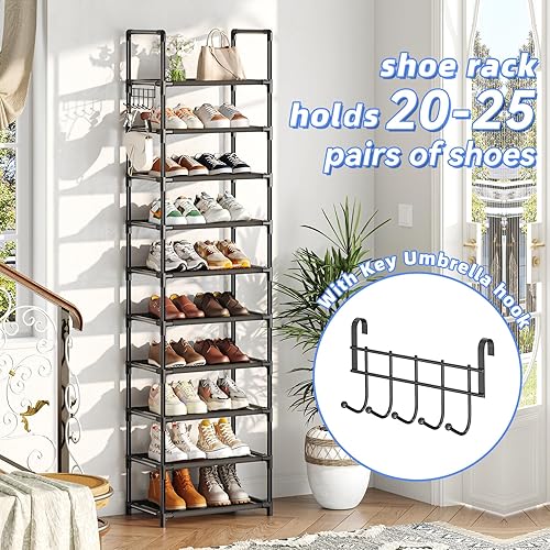 Miniatura 4 de Simple Trending Zapatero para armario, estante estrecho de 10 niveles con capacidad para 20 pares, organizador de zapatos con ganchos, color negro