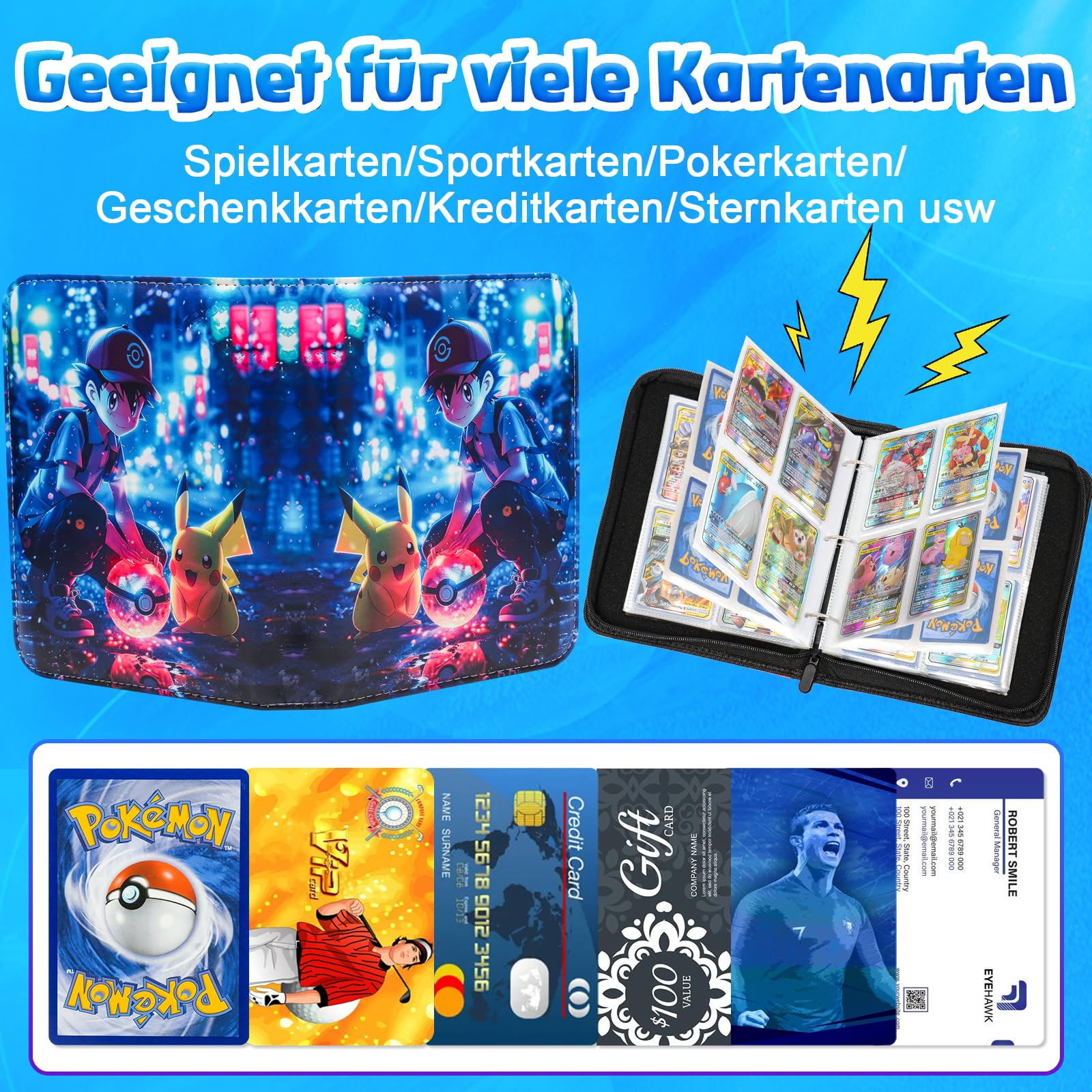 LYAILOOGXL Pokemon Sammelalbum 400 Karten,4 fächer Reißverschluss Sammelkarten Album mit 50 Abnehmbaren Hüllen,PU-Material mit wasserdichter Oberfläche,Sammelmappe Geschenk für Kartensammler - 4