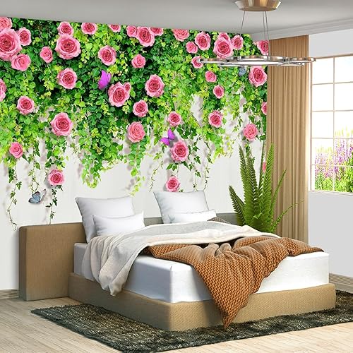 Miniatura 2 de Papel tapiz botánico tropical floral rosa con hojas de plantas verdes, mural de pared grande para sala de estar y dormitorio (papel tapiz para pared