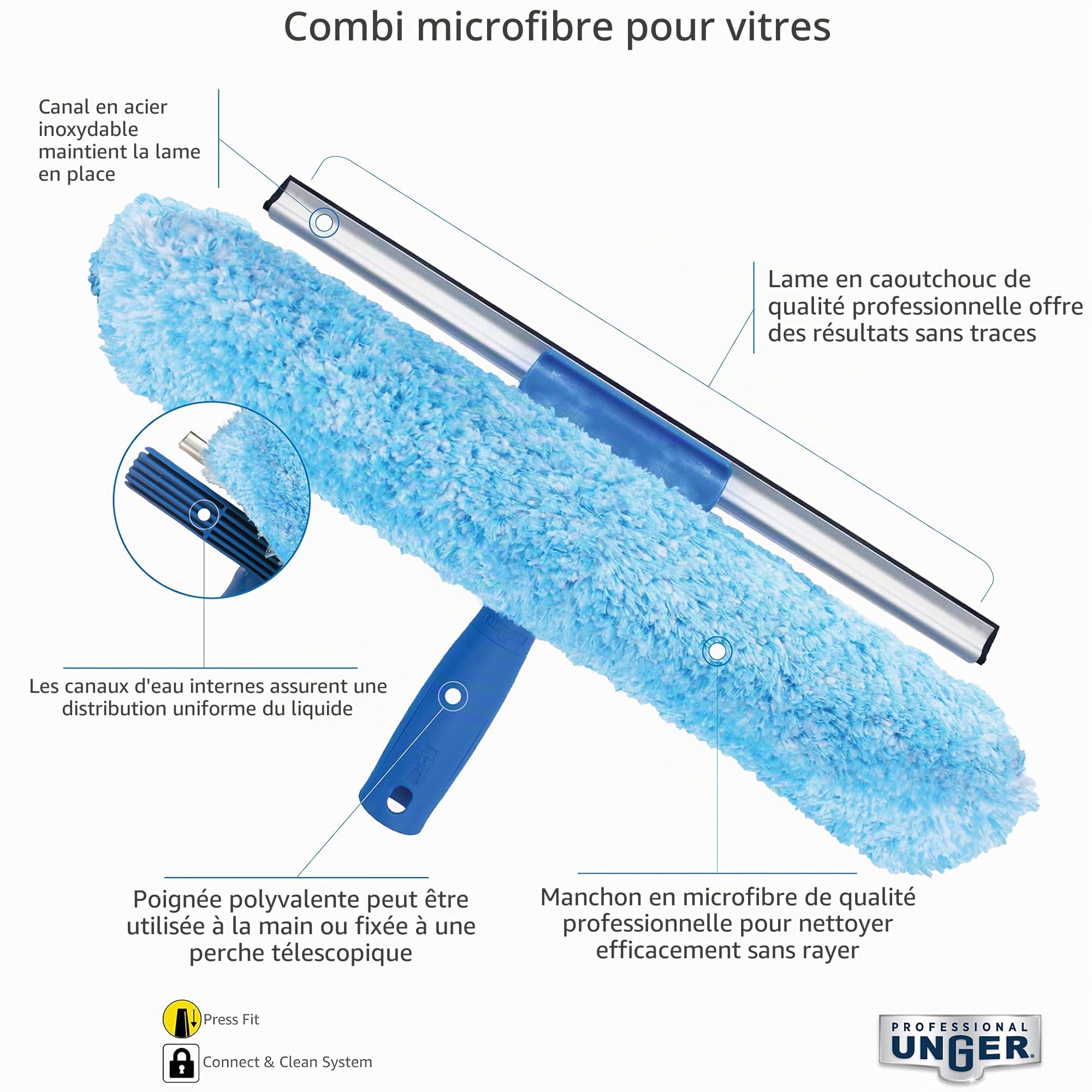 Unger Combi professionnel en microfibre pour fenêtre : raclette professionnelle 2 en 1 et brosse à vitres, 35,6 cm