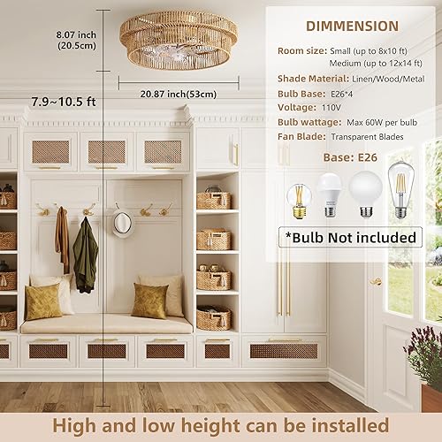 Miniatura 3 de Ventilador de techo bohemio de ratán con montaje empotrado, ventiladores de techo enjaulados de 20 pulgadas con luz y control remoto, perfil bajo