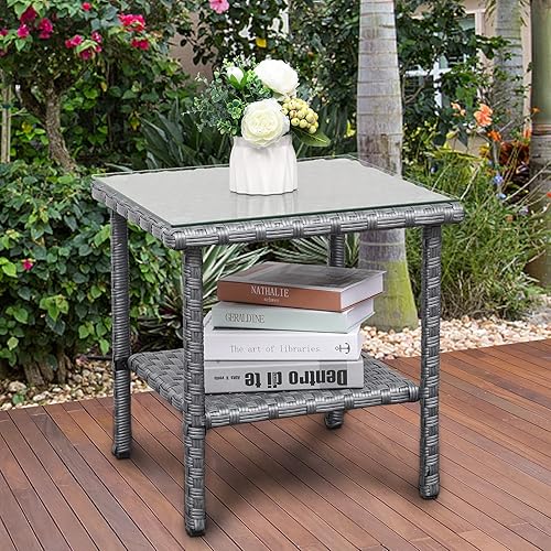 Miniatura 7 de Mesa auxiliar de mimbre de PE para exteriores, mesa cuadrada para patio, jardín de ratán, mesa cuadrada con muebles superiores de vidrio, color negro