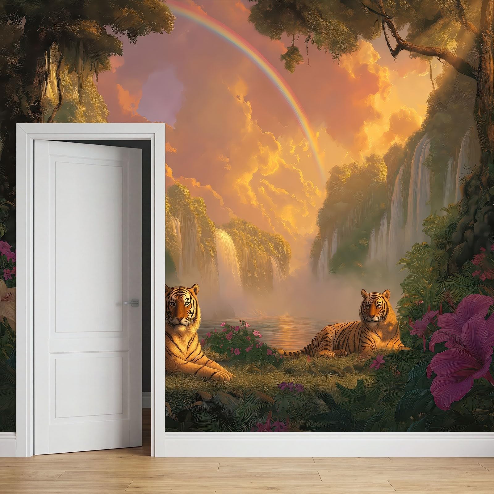 Tapeta 3D efekt panoramiczny obraz ścienny 200 x 140 cm fantastyczne zwierzęta tygrysy dżungla tapeta gobelin panoramiczny plakat salon dekoracja ścienna do pokoju dziecięcego, żółty i niebieski